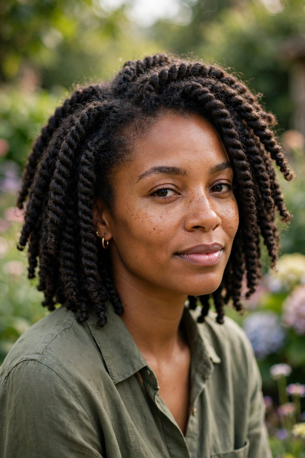 A woman with chunky twists in a shoulder-length bob shape, photographed outdoors in gentle daylight with a blurred garden background, wearing an olive shirt.