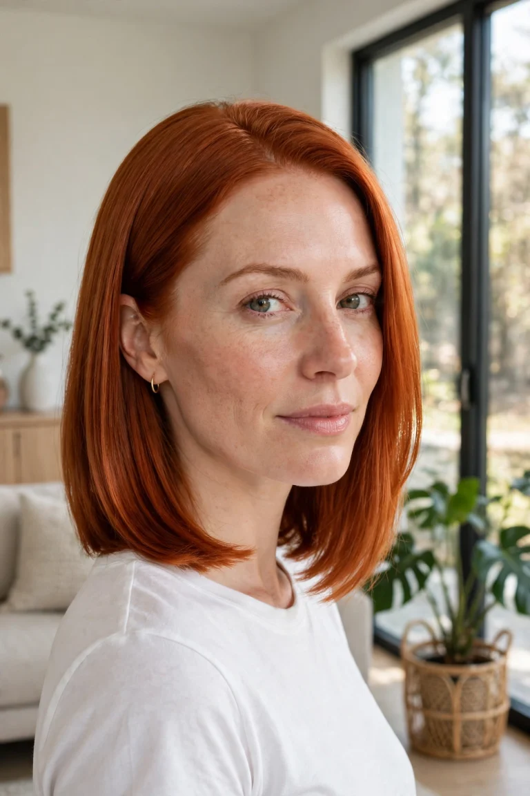 Woman with a vivid copper sleek lob and straight, glossy hair, standing in a bright modern living room near a large window, wearing a simple white top, soft daylight, three-quarter view facing slightly toward the camera.