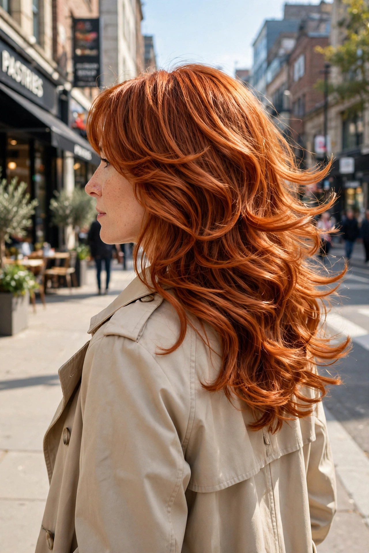 Woman with bright copper butterfly layers and bouncy blow-dried hair, photographed outdoors on a bright city sidewalk in morning light, wearing a beige coat, back three-quarter angle showing layered movement.