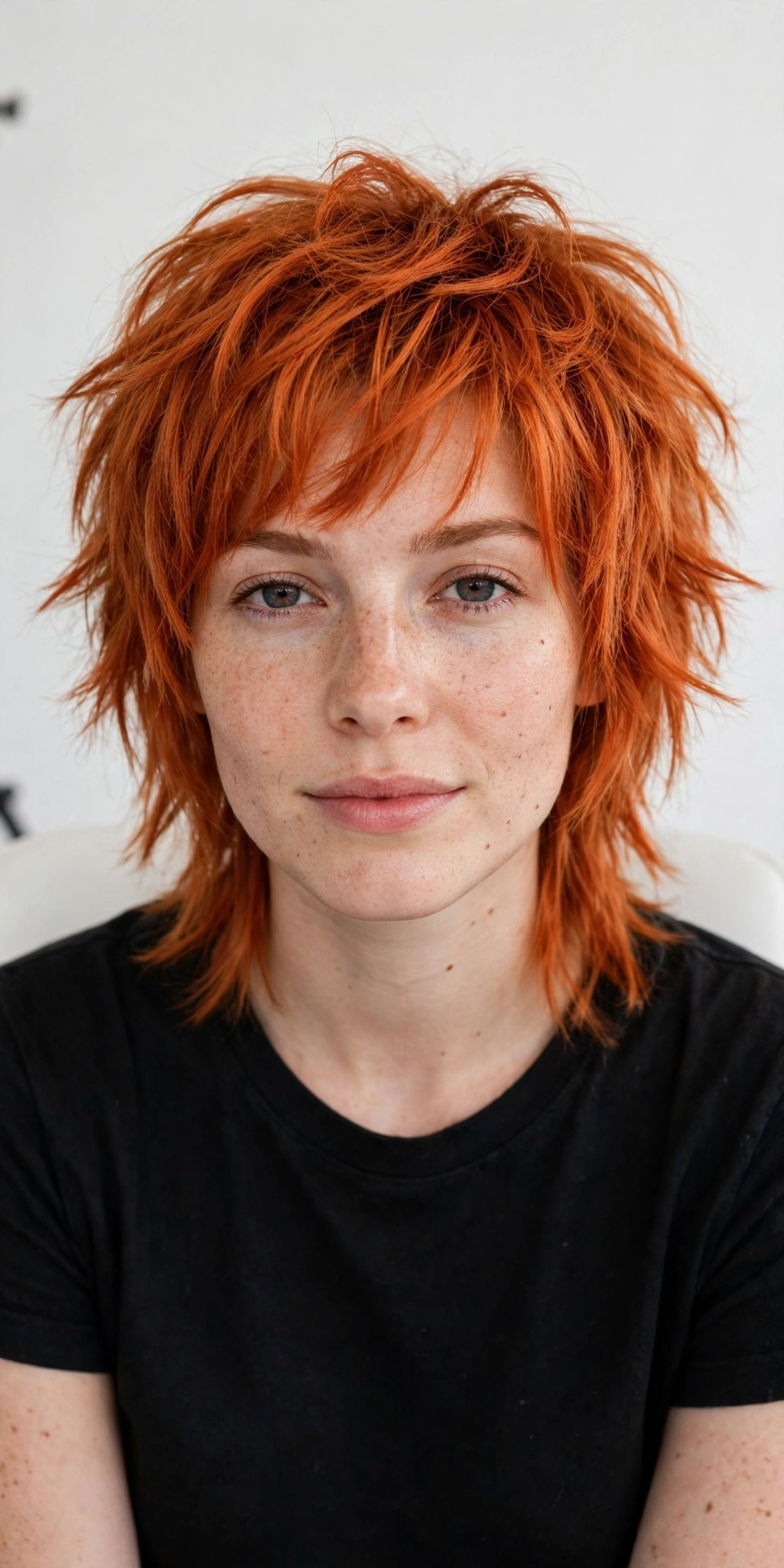 Woman with an electric copper wolf cut and choppy textured layers, sitting in a bright studio with a plain light background, front-facing portrait, even lighting.