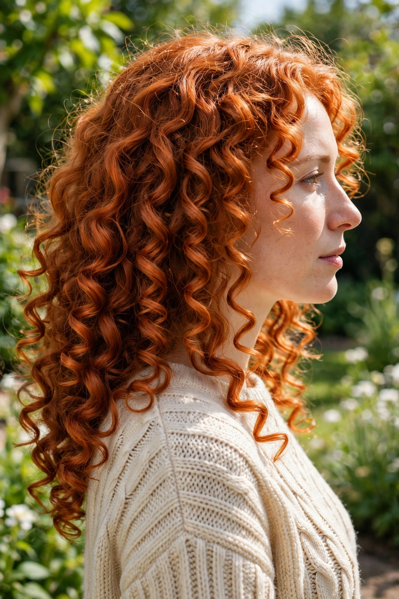 Woman with vivid copper spiral curls, standing in a bright sunlit garden wearing a cream knit sweater, side profile view showing curl definition and vivid color.