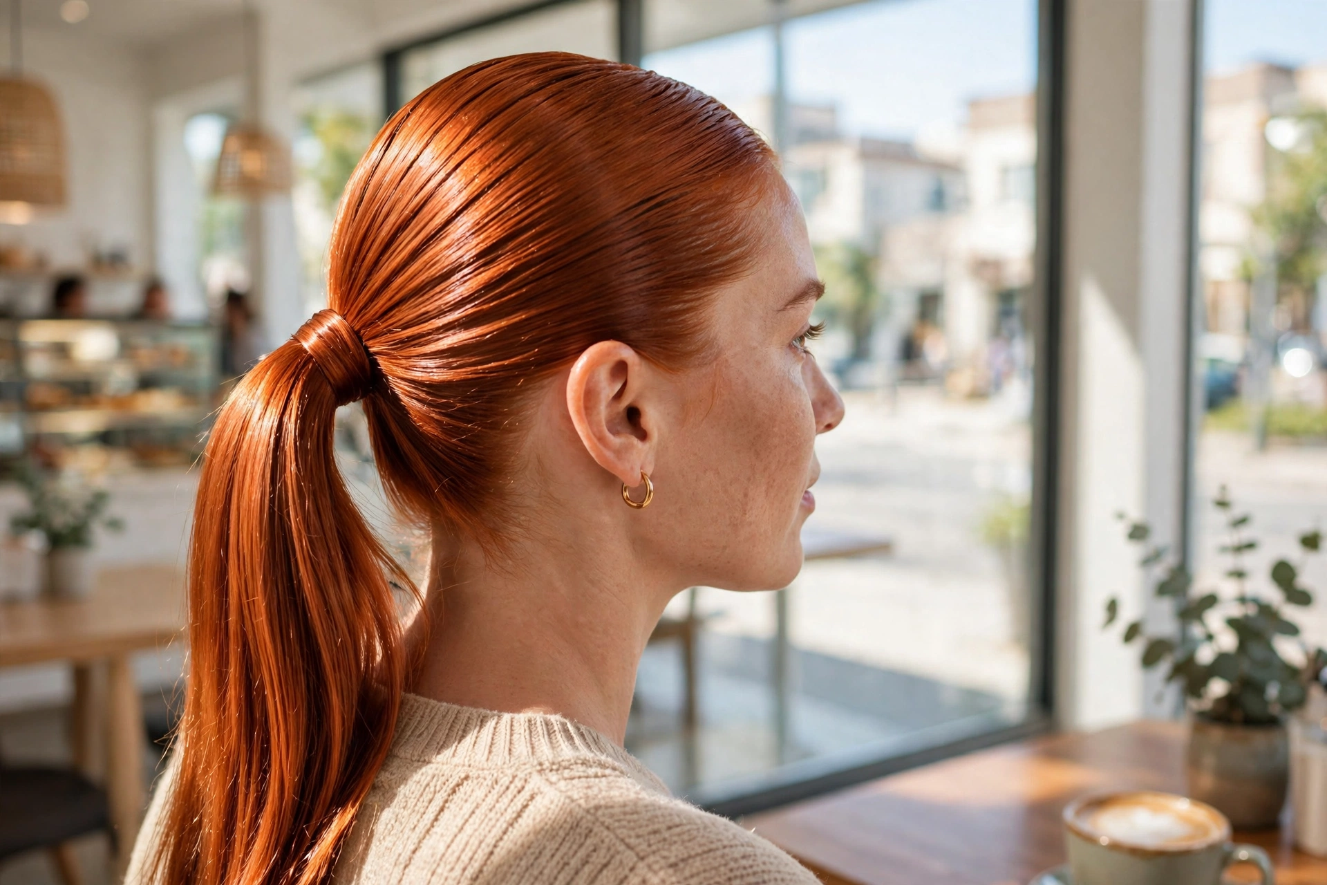 Woman with a bright copper slicked ponytail, photographed in a bright café by a window in daylight, over-the-shoulder angle showing sleek shine and vivid copper.