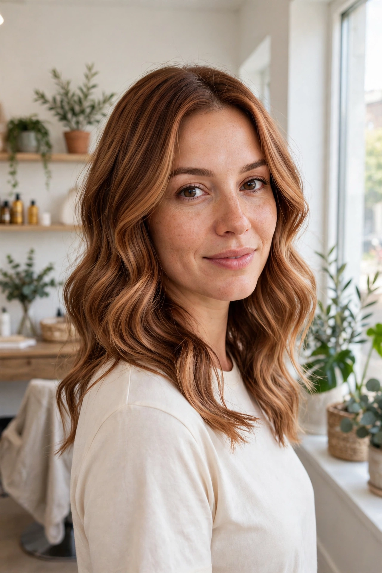 Woman with soft copper balayage hair in loose waves, standing in a bright, airy salon-like room near a window, wearing a simple cream top, soft natural daylight, three-quarter view facing slightly toward the camera.