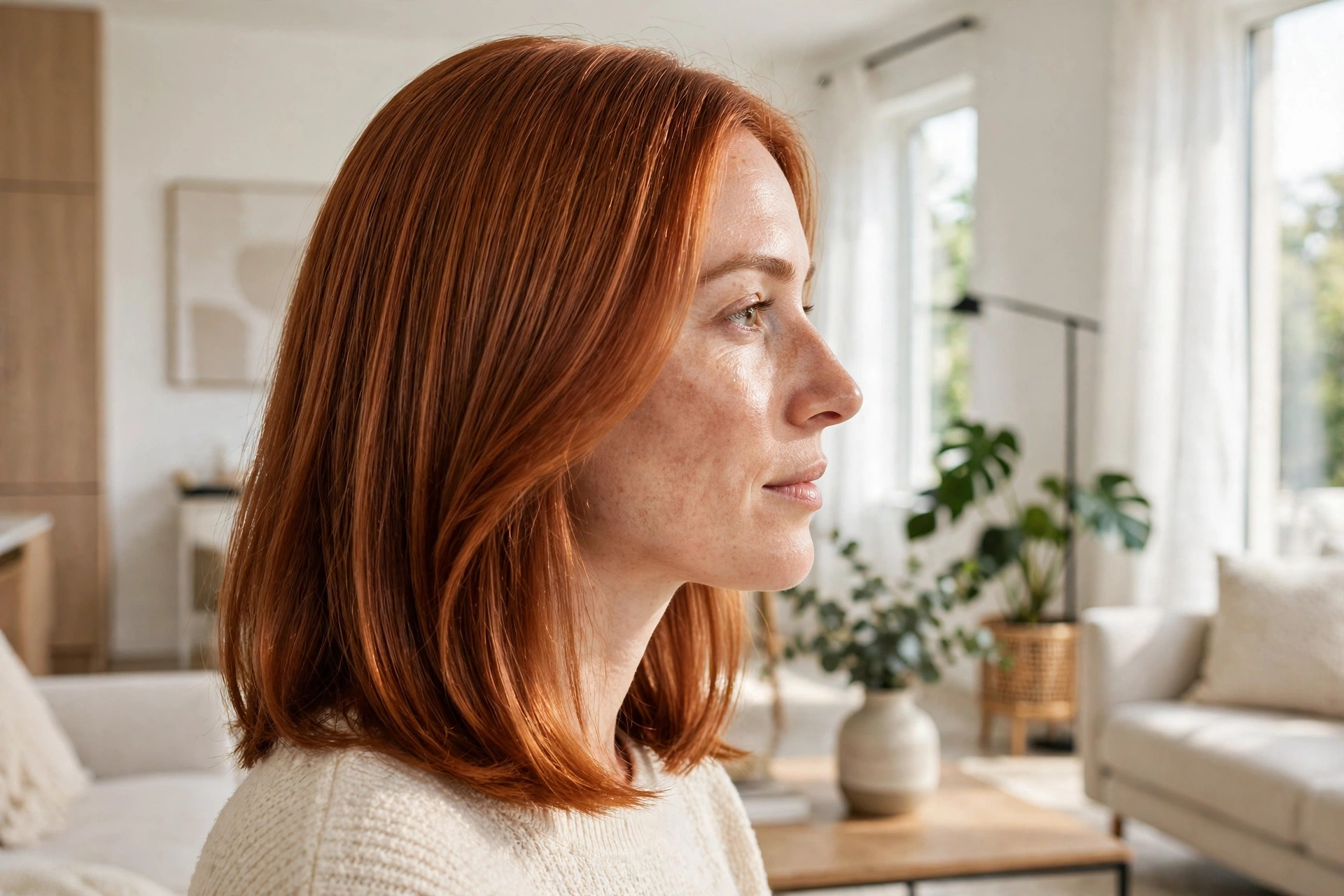 Woman with a first-time copper gloss and smooth shoulder-length hair, photographed in a bright modern living room, side profile view showing the sheer warm tint.