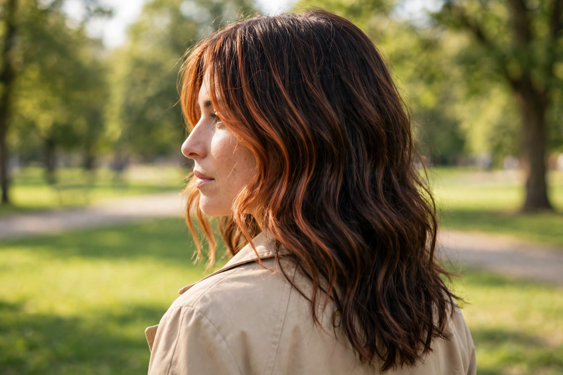 Woman with copper face-framing highlights and wavy hair outdoors in a bright park in soft afternoon light, wearing a simple beige coat, back three-quarter angle showing the highlights near the face.