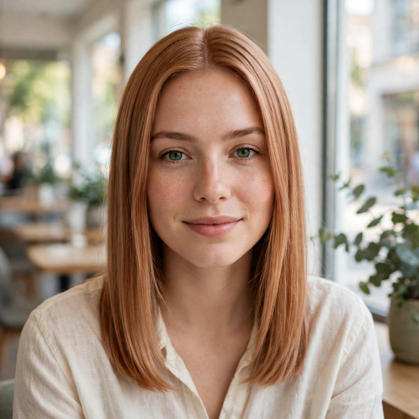 Woman with a light copper wash and straight hair, sitting in a bright café by a window, front-facing portrait, gentle daylight.