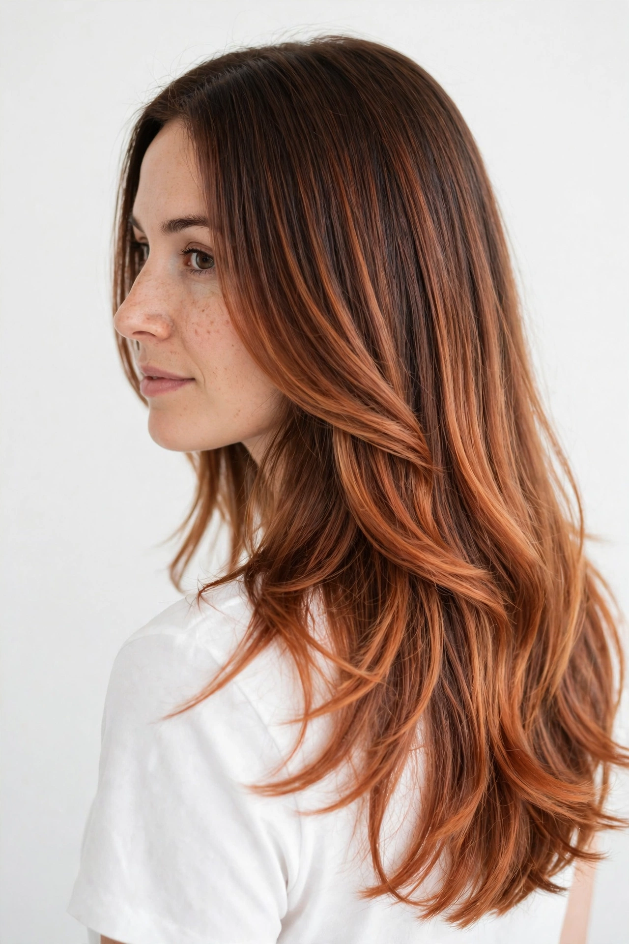 Woman with a soft copper ombre in long layers, standing in a bright studio with a plain light background, over-the-shoulder angle showing the gradual transition.