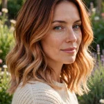 Woman with soft copper balayage hair with faded ends, standing in a bright, sunlit garden, wearing a cream sweater, soft golden daylight, three-quarter view facing slightly toward the camera.