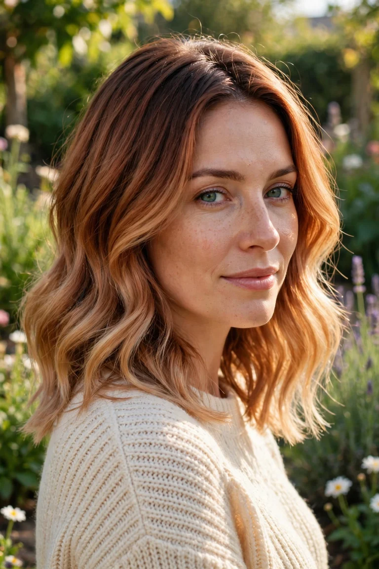 Woman with soft copper balayage hair with faded ends, standing in a bright, sunlit garden, wearing a cream sweater, soft golden daylight, three-quarter view facing slightly toward the camera.