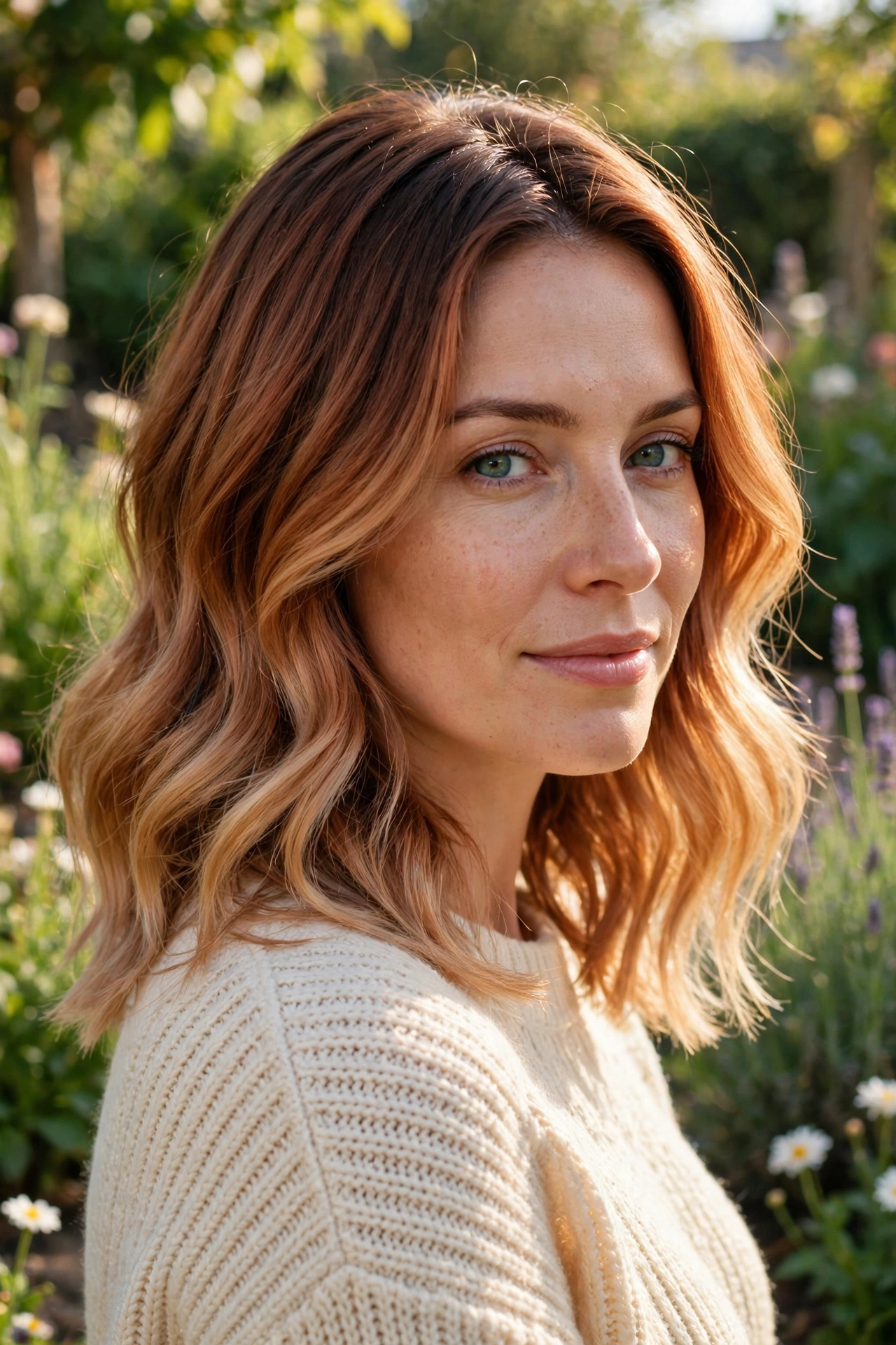 Woman with soft copper balayage hair with faded ends, standing in a bright, sunlit garden, wearing a cream sweater, soft golden daylight, three-quarter view facing slightly toward the camera.