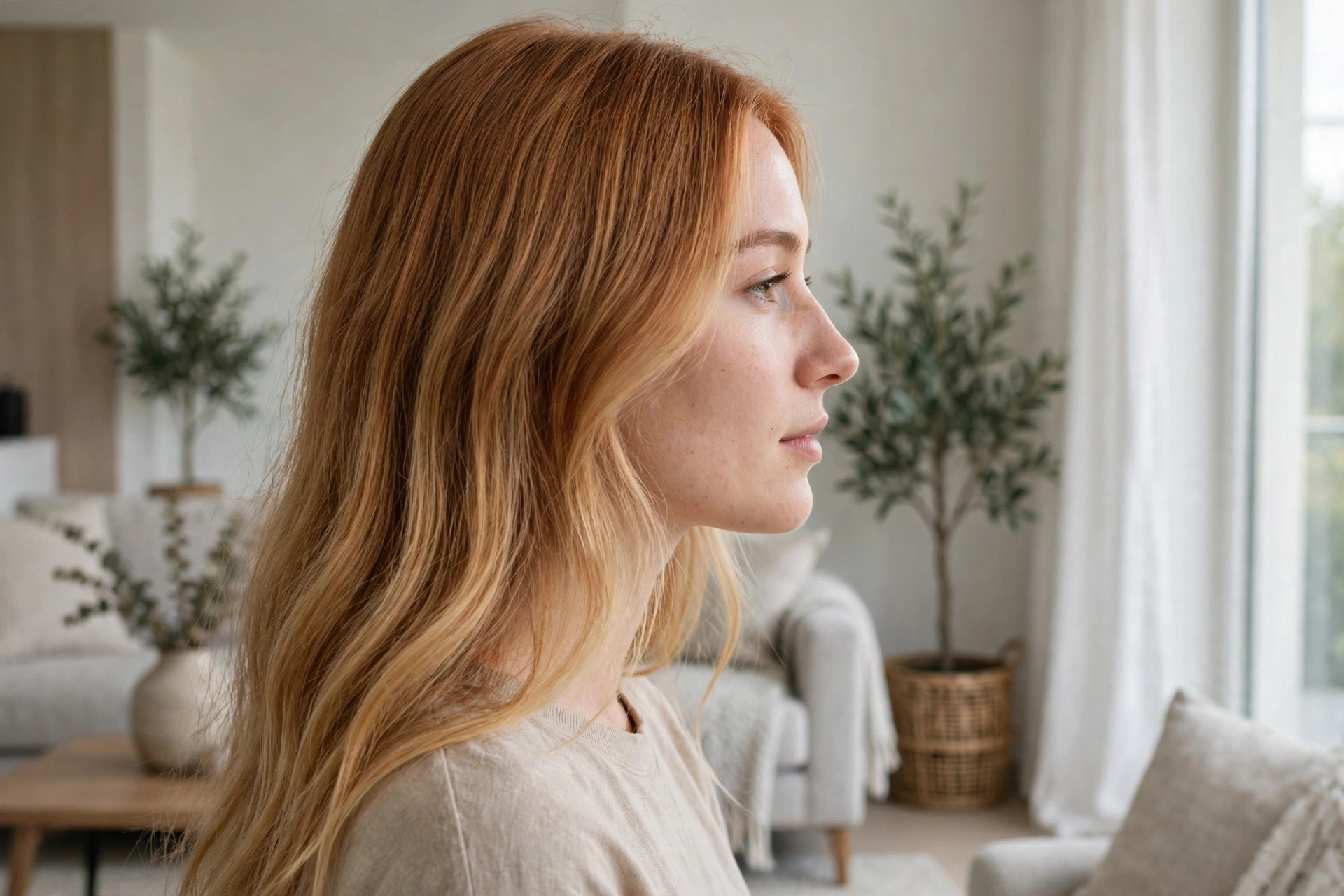 Woman with golden copper hair fading to honey, photographed in a bright modern living room near a window, side profile view showing the soft gradient.