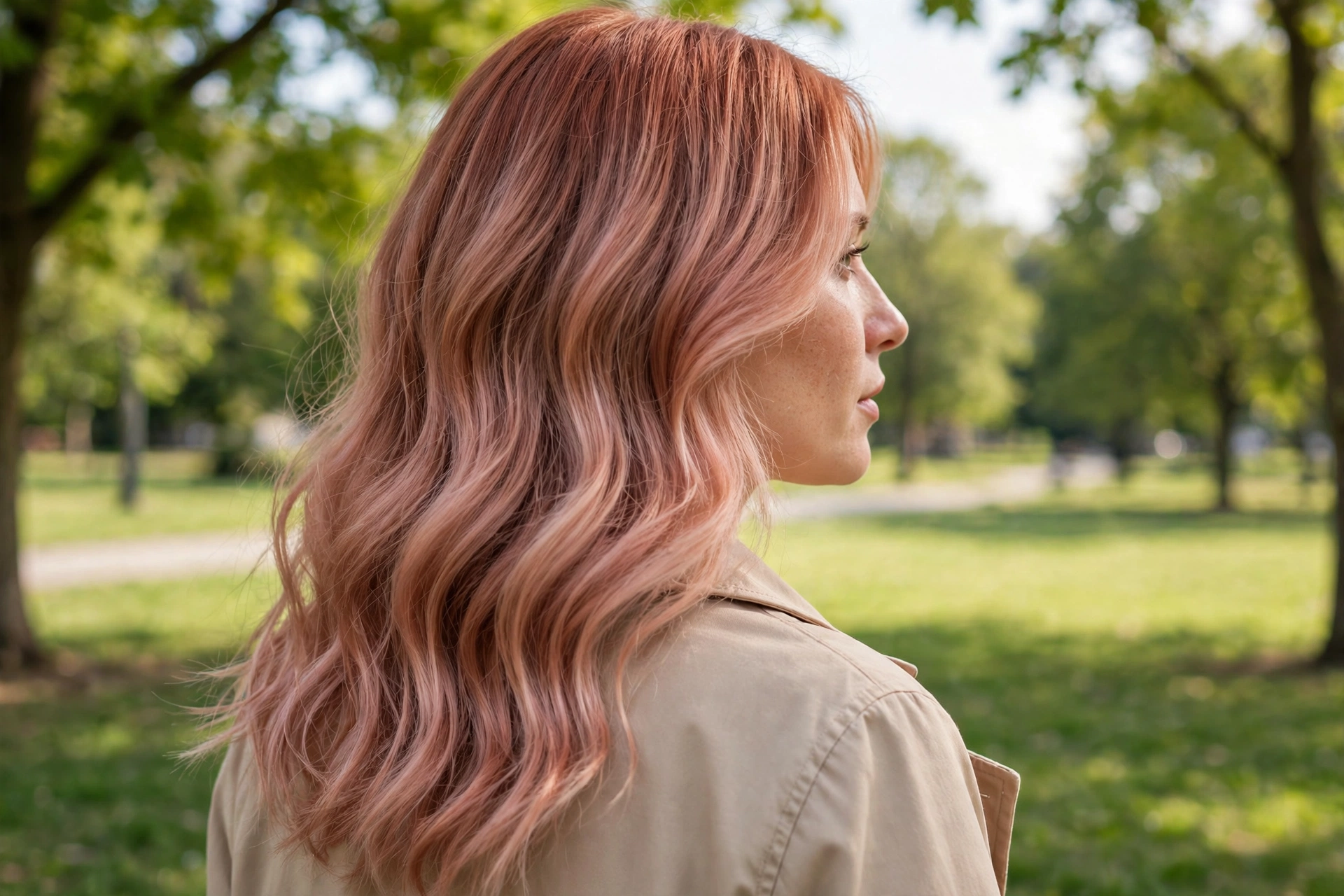 Woman with muted copper hair fading to rose gold in loose waves outdoors in a bright park in soft afternoon light, wearing a simple beige coat, back three-quarter angle showing the soft tones.