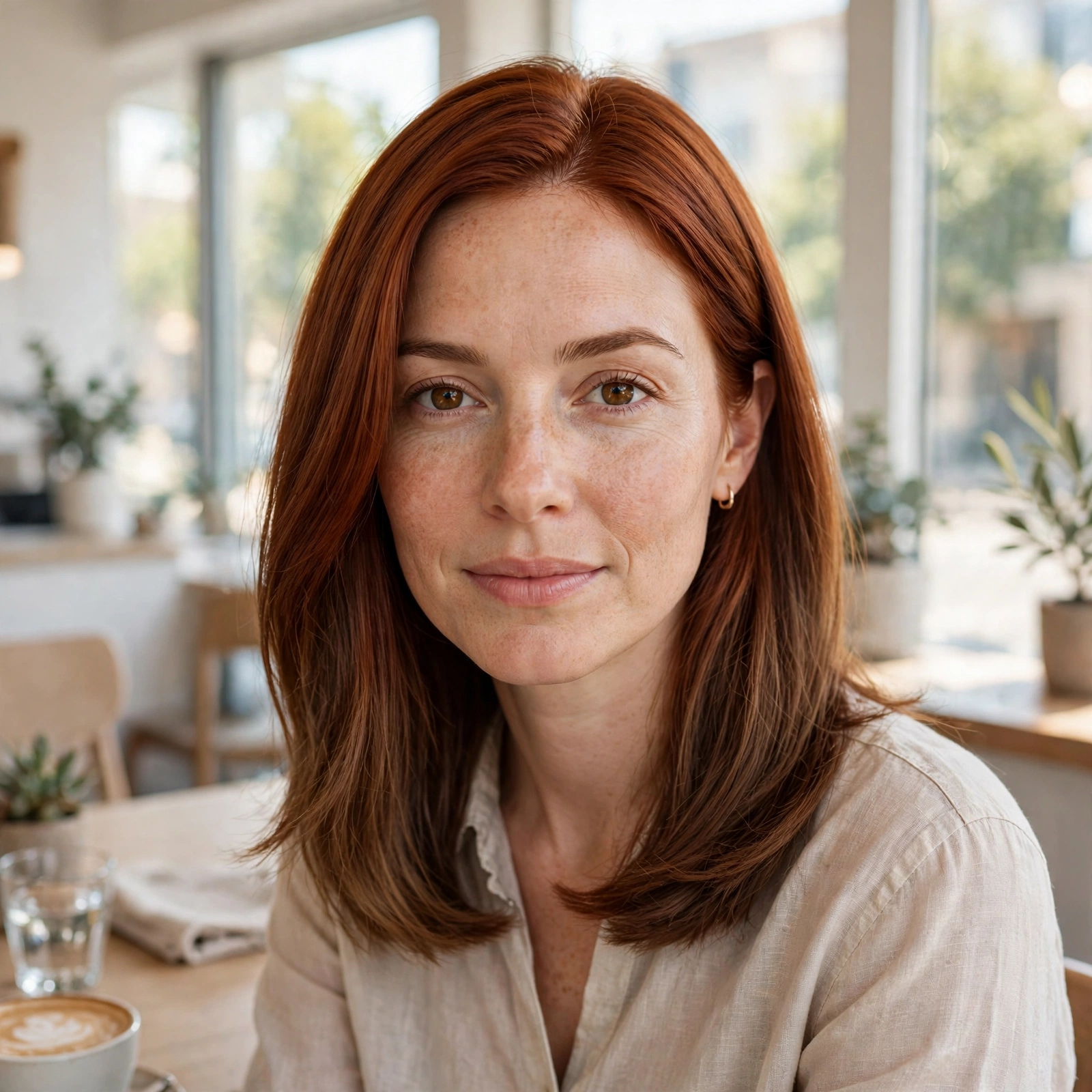 Woman with deep copper hair fading to warm brown in a smooth style, sitting in a bright café by a window, front-facing portrait, gentle daylight.