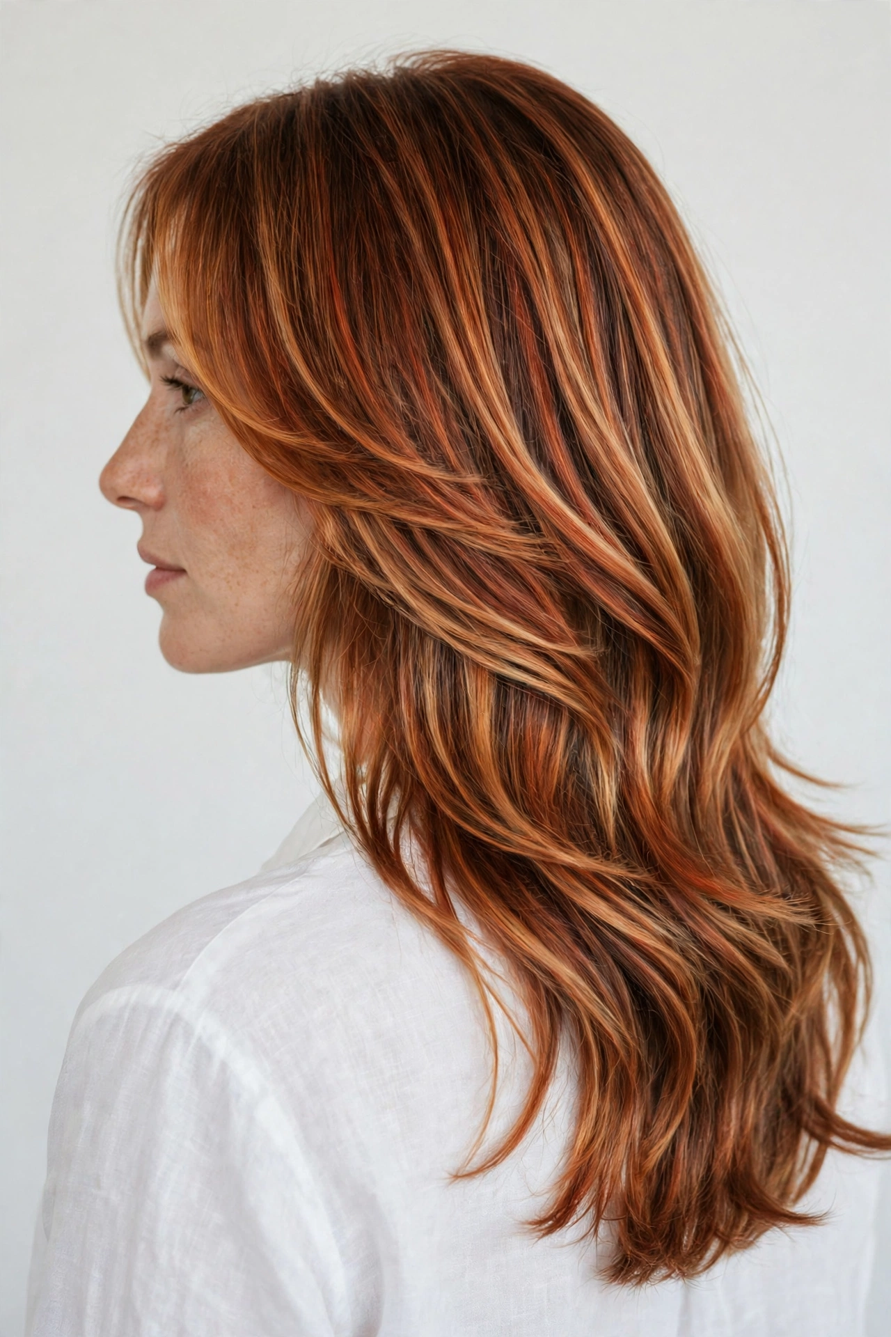 Woman with copper and caramel melt hair in long layers, standing in a bright studio with a plain light background, over-the-shoulder angle showing the blended warm tones.