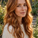 Woman with warm-tone copper golden layers and long wavy hair, standing in a bright sunlit garden, wearing a cream knit sweater, soft golden afternoon light, three-quarter view facing slightly toward the camera.