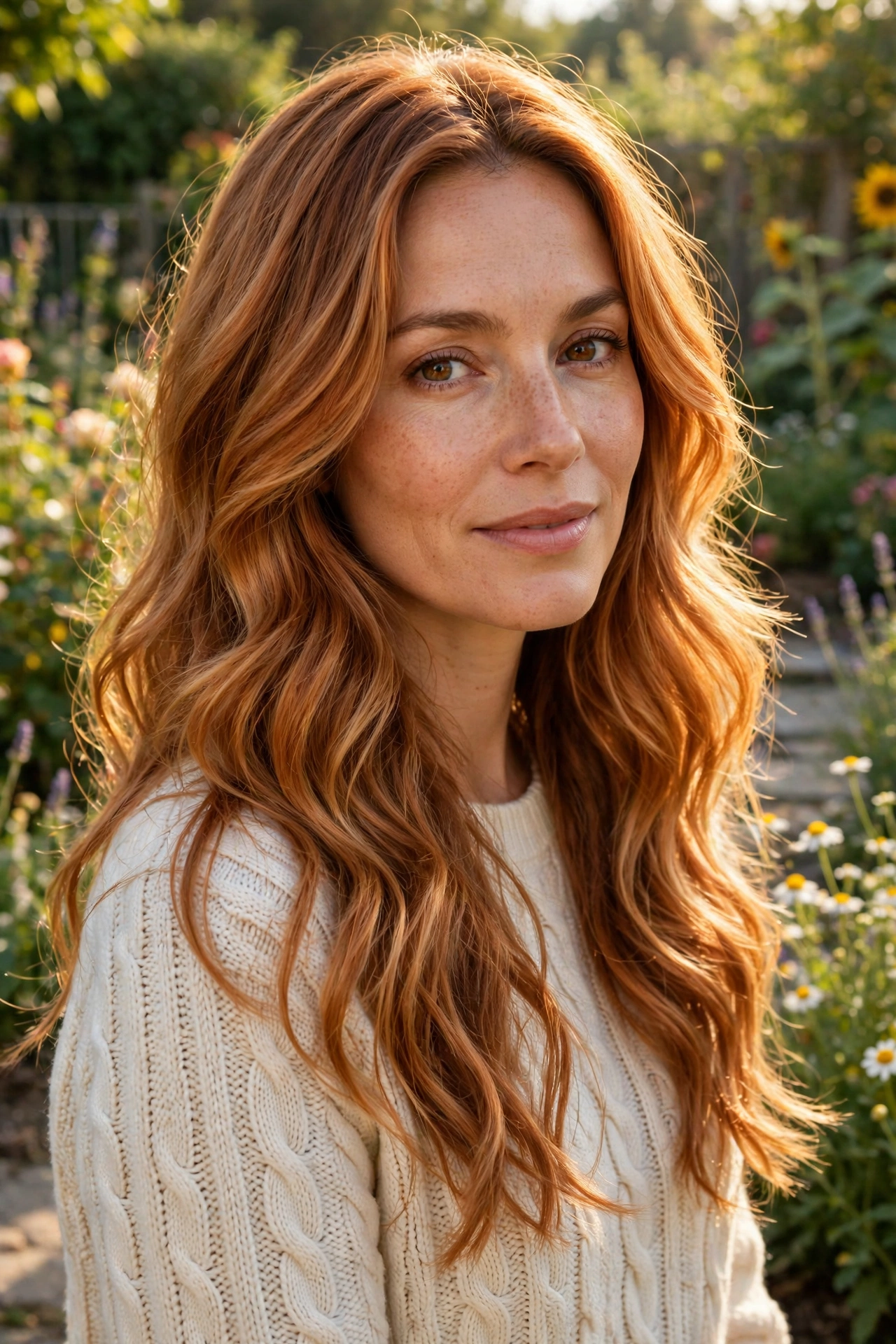 Woman with warm-tone copper golden layers and long wavy hair, standing in a bright sunlit garden, wearing a cream knit sweater, soft golden afternoon light, three-quarter view facing slightly toward the camera.