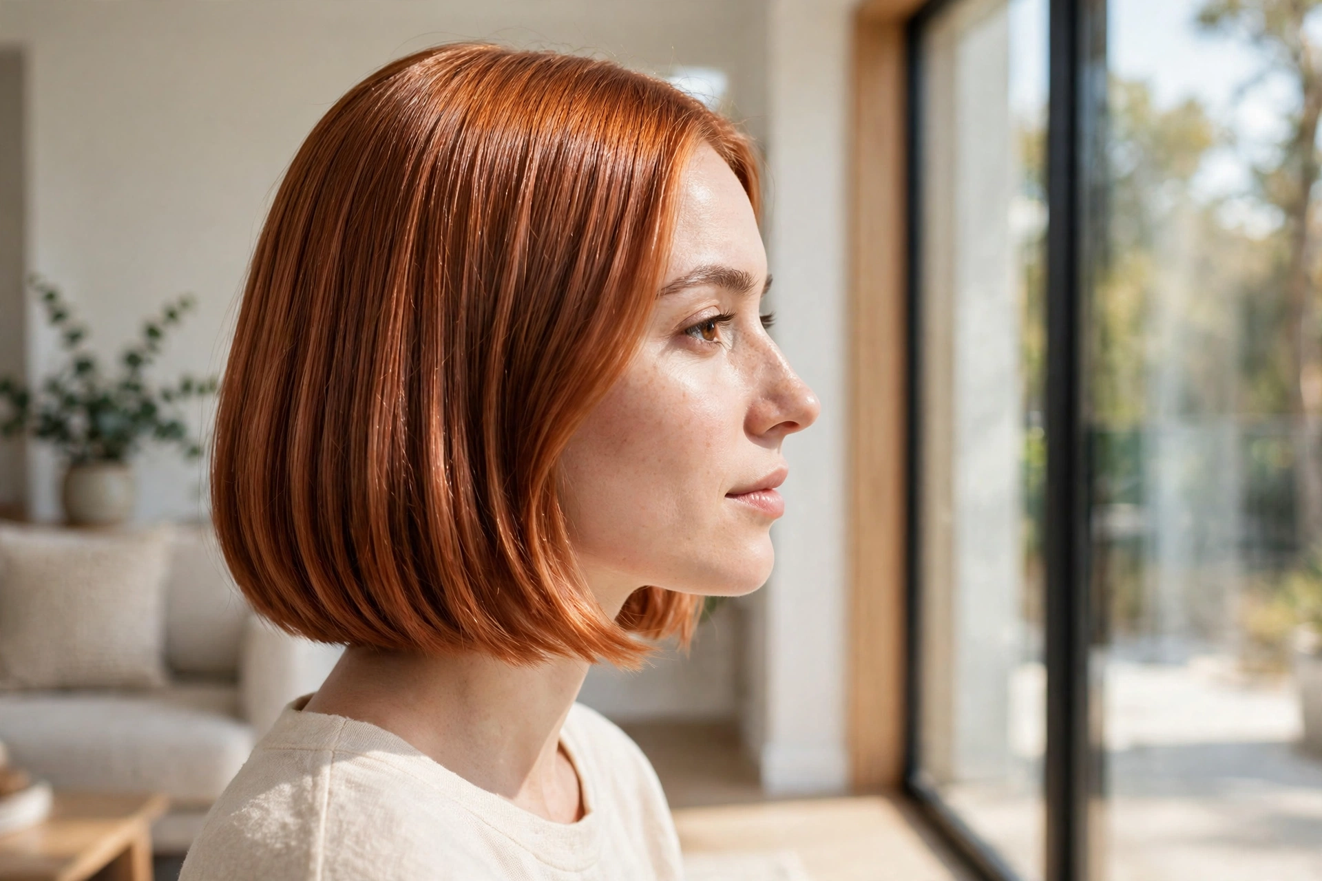 Woman with a warm-tone copper sleek bob and straight glossy hair, photographed in a bright modern living room near a large window, natural daylight, side profile view showing warm copper shine.