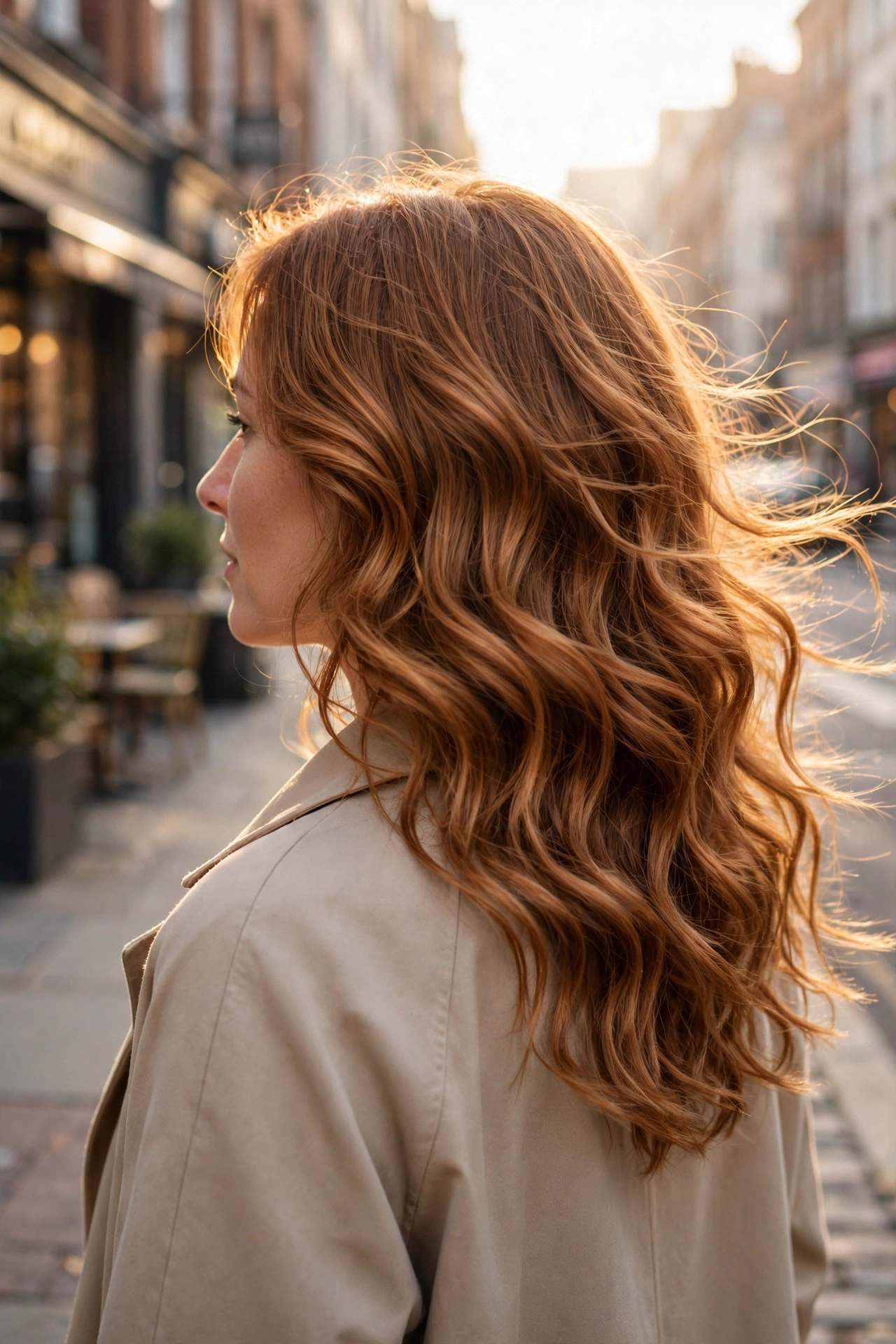 Woman with warm-tone copper bronzed waves outdoors on a city sidewalk in soft morning light, wearing a simple beige coat, back three-quarter angle showing wave movement and warm glow.