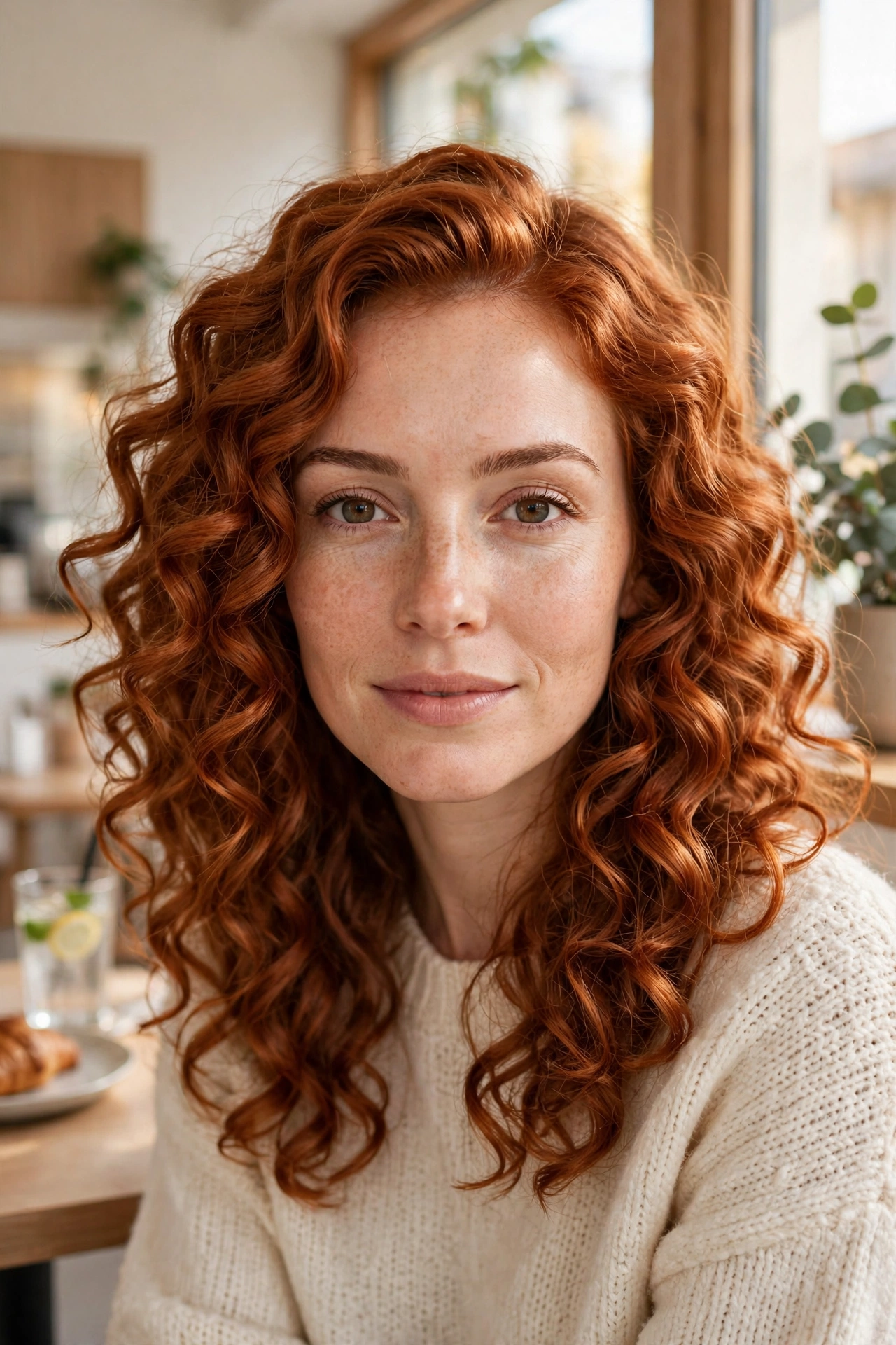 Woman with warm-tone copper rich curls, sitting in a bright café by a window with warm daylight, front-facing portrait, soft and fresh warm tones.