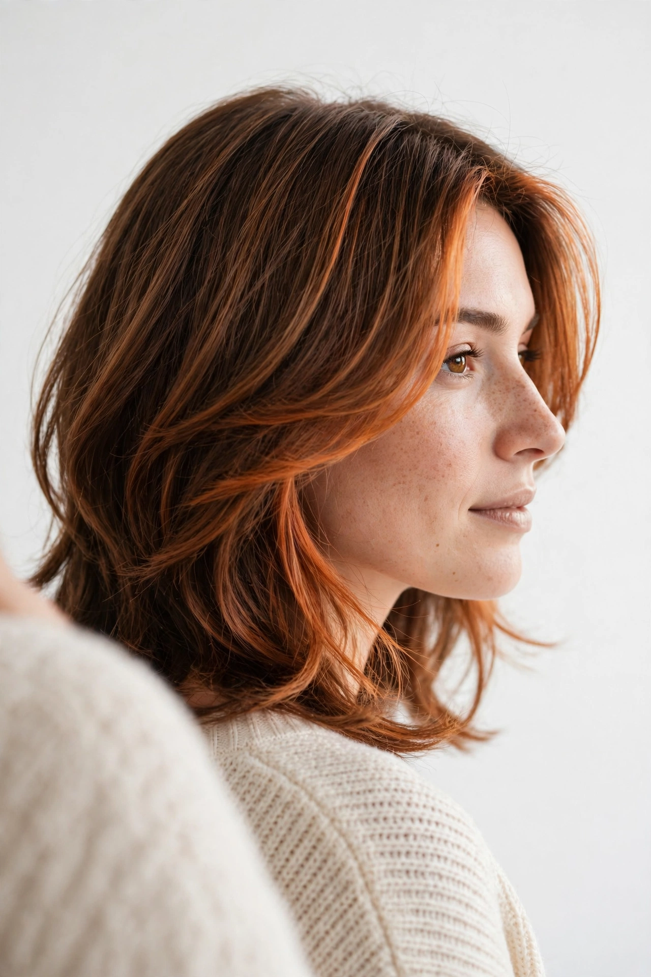 Woman with warm-tone copper face-framing highlights and layered hair, standing in a bright studio setting with a plain light background, soft even lighting, over-the-shoulder angle showing highlights and warmth.