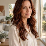 A woman with dark copper bronzed waves and long layered hair, standing in a bright modern living room near a window, wearing a soft cream blouse, warm natural daylight, three-quarter view, clean bright style with deep copper tones.