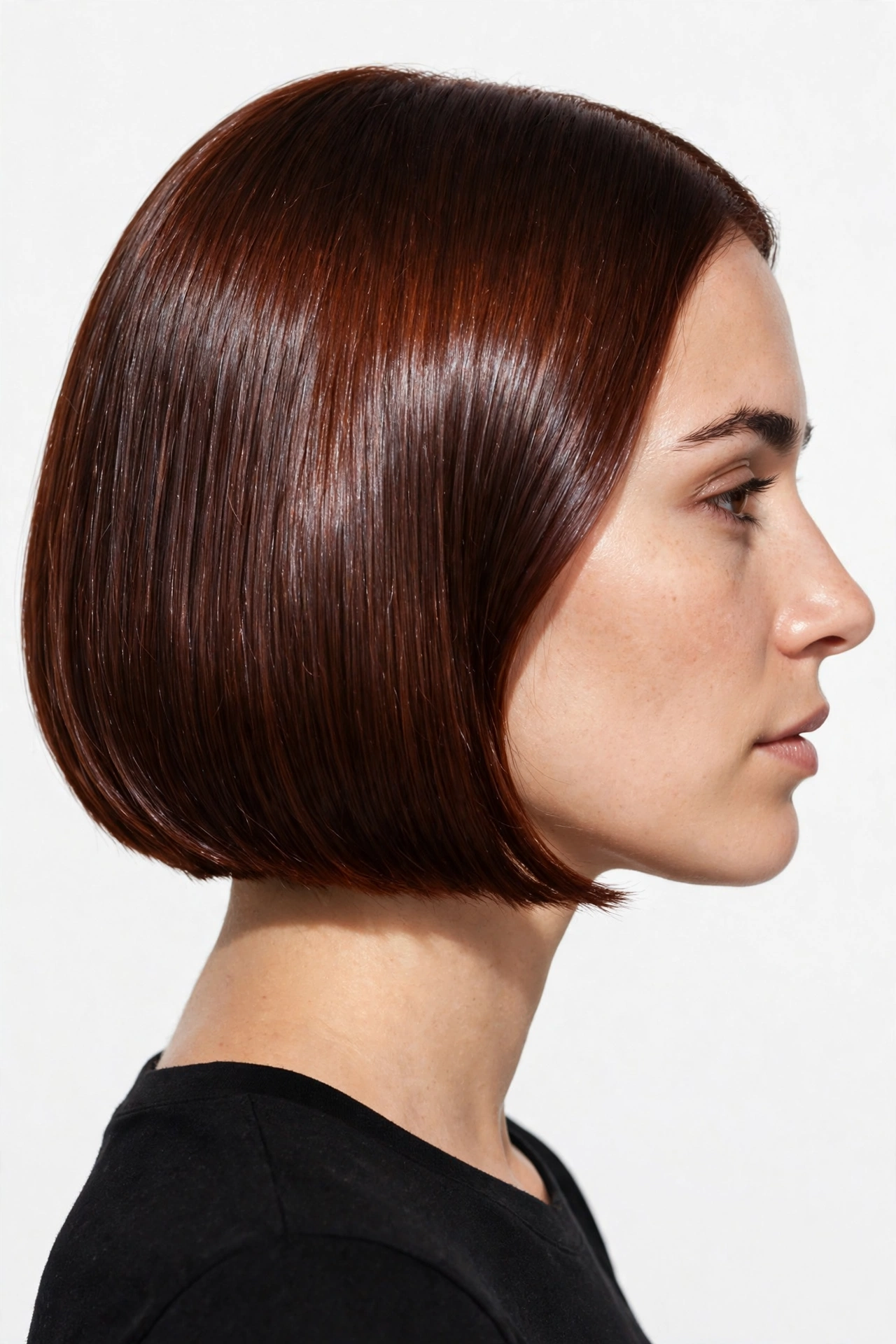 A woman with a dark copper glossy bob and sleek straight hair, photographed in a bright studio with a plain light background, side profile view showing deep shine, clean bright style.