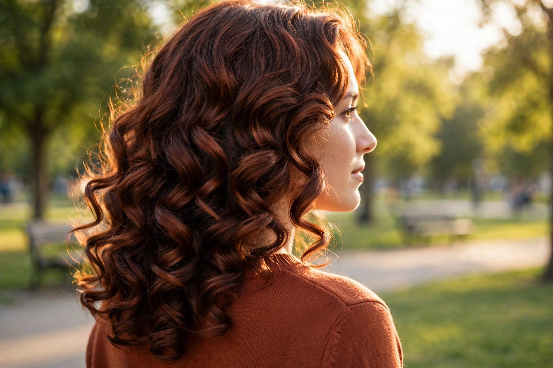 A woman with dark copper satin curls outdoors in a bright park in soft afternoon light, wearing a simple rust-colored sweater, back three-quarter angle showing curl definition and deep glow, clean bright style.