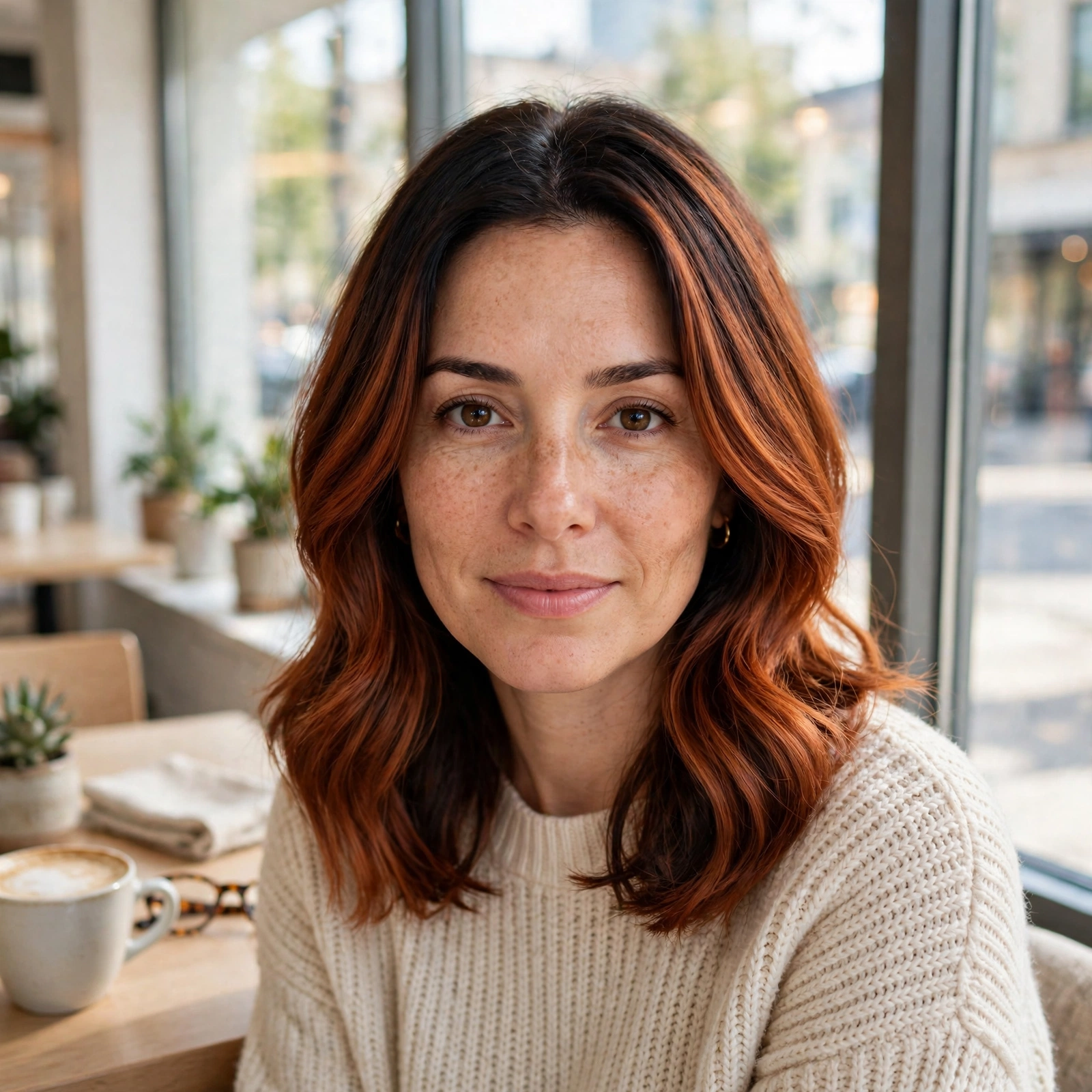 A woman with a dark copper root-shadow lob, sitting in a bright cafe by a window, front-facing portrait, gentle daylight, clean bright style.