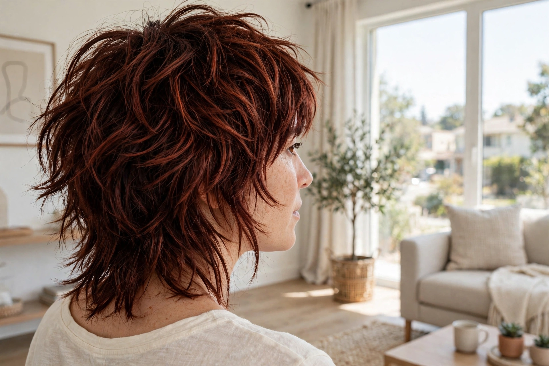 A woman with dark copper textured shag hair, standing near a large bright window in a living room, over-the-shoulder angle showing layered texture and deep copper, clean bright style.