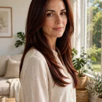 A woman with dark auburn sleek long layers, standing in a bright airy living room near a window, wearing a soft cream blouse, warm natural daylight, three-quarter view, clean bright style with deep auburn tones.