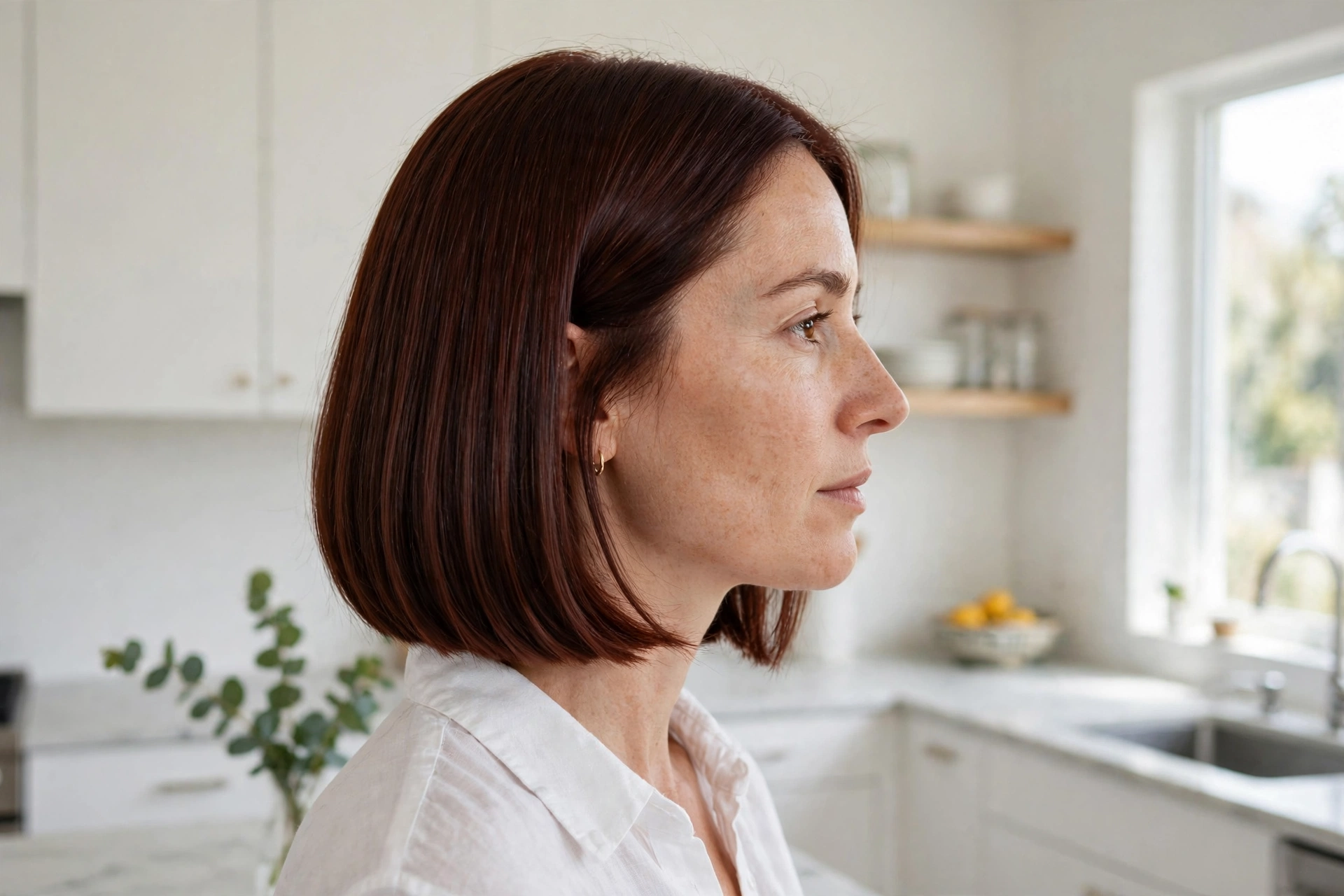 A woman with a dark auburn satin bob and smooth straight hair, photographed in a bright modern kitchen with white walls and daylight, side view showing glossy depth, clean bright style.