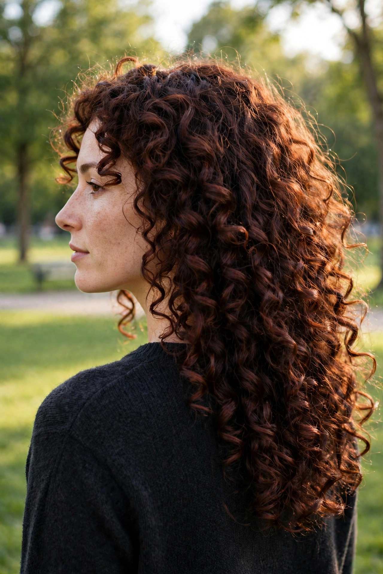 A woman with dark auburn candlelit curls outdoors in a bright park in soft afternoon light, wearing a simple dark sweater, back three-quarter angle showing curl definition and rich depth, clean bright style.