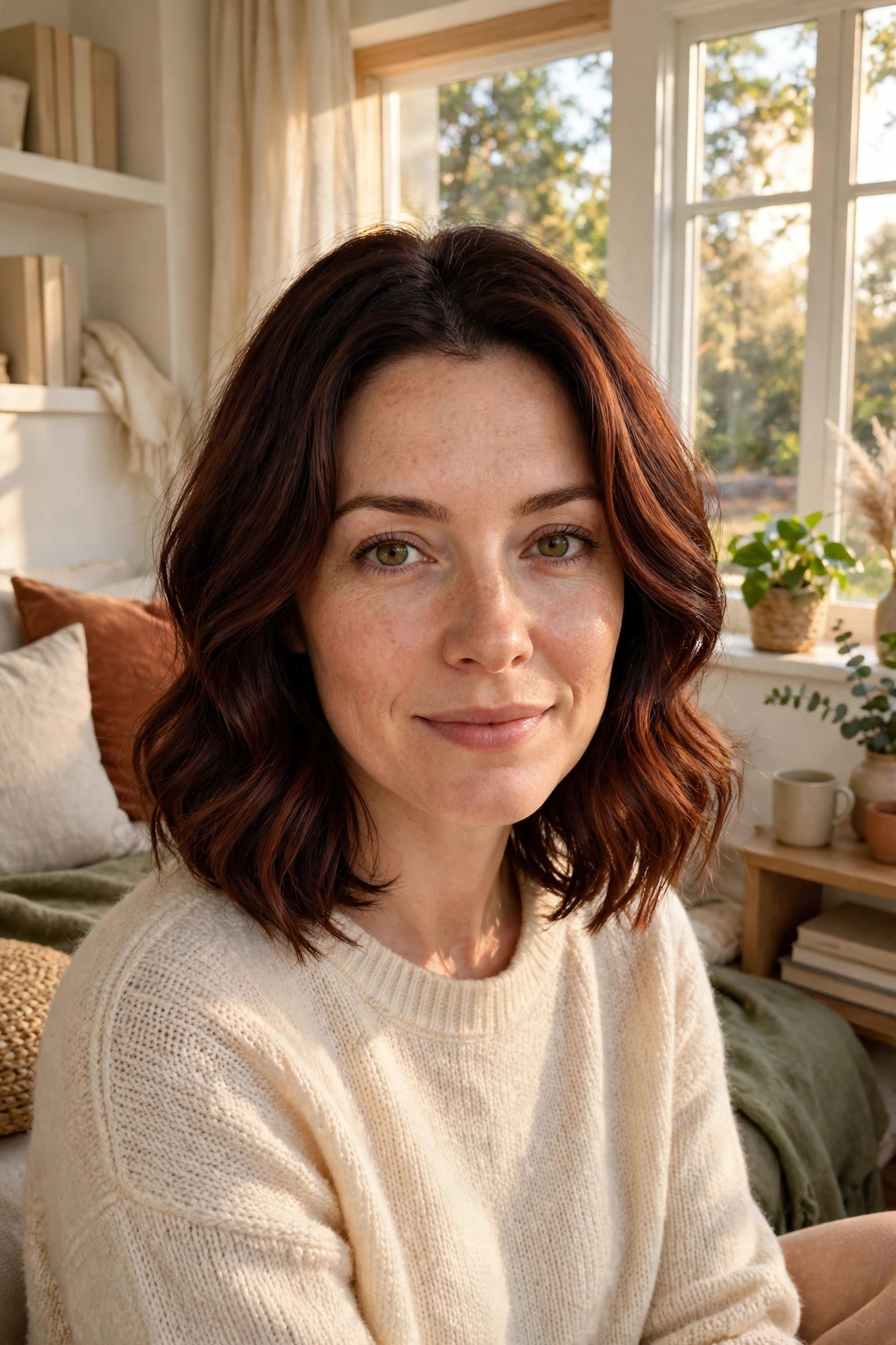 A woman with a dark auburn shadow root lob, sitting in a bright reading nook by a window, front-facing portrait, gentle warm light, clean bright style.