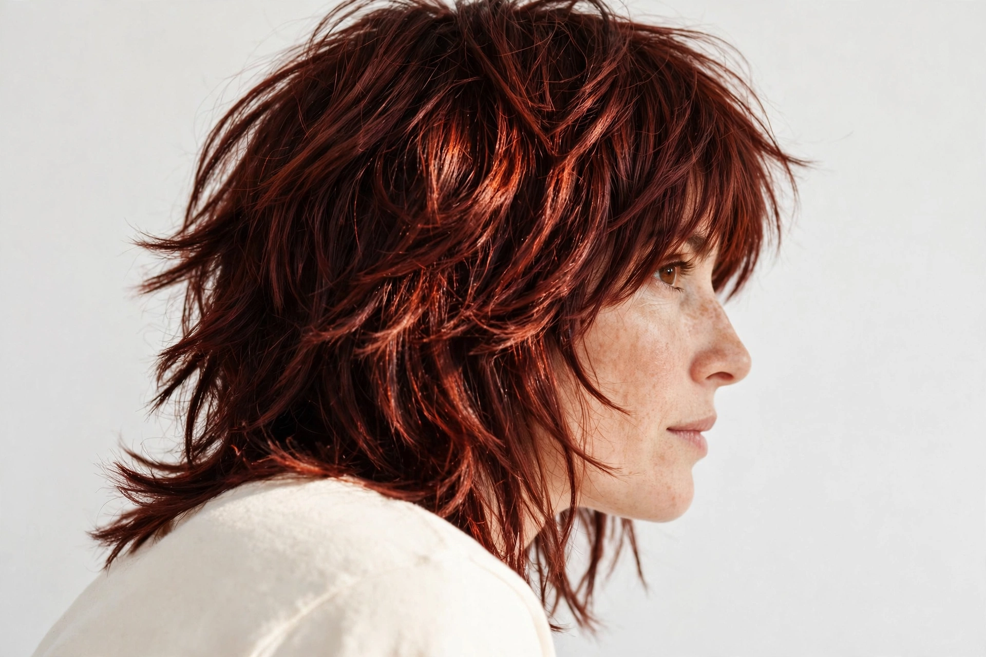 A woman with dark auburn feathered shag hair, standing in a bright studio with a plain light background, over-the-shoulder angle showing layered texture and deep red warmth, clean bright style.