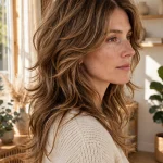 A woman with a 70s revival shag with a centre part and flowing layers, standing in a bright sunlit room with warm natural light, photographed from a three-quarter angle so the retro volume and flowing shape are clearly visible, in a clean bright style.