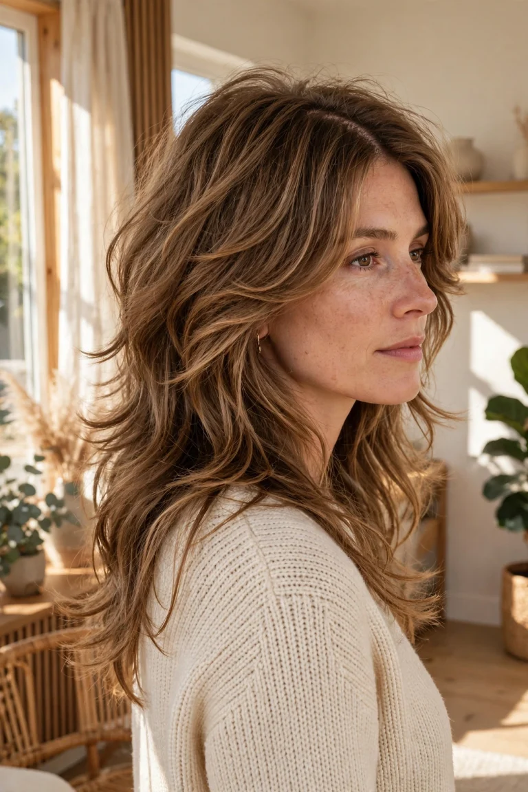A woman with a 70s revival shag with a centre part and flowing layers, standing in a bright sunlit room with warm natural light, photographed from a three-quarter angle so the retro volume and flowing shape are clearly visible, in a clean bright style.