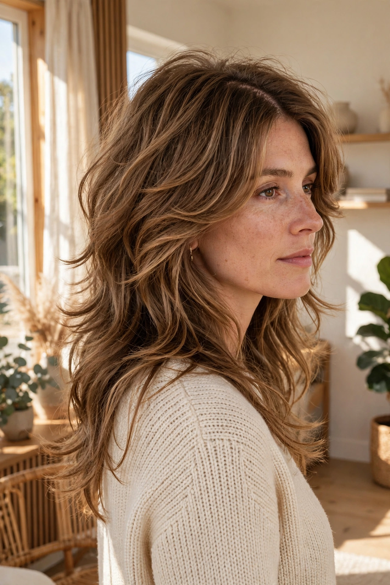 A woman with a 70s revival shag with a centre part and flowing layers, standing in a bright sunlit room with warm natural light, photographed from a three-quarter angle so the retro volume and flowing shape are clearly visible, in a clean bright style.