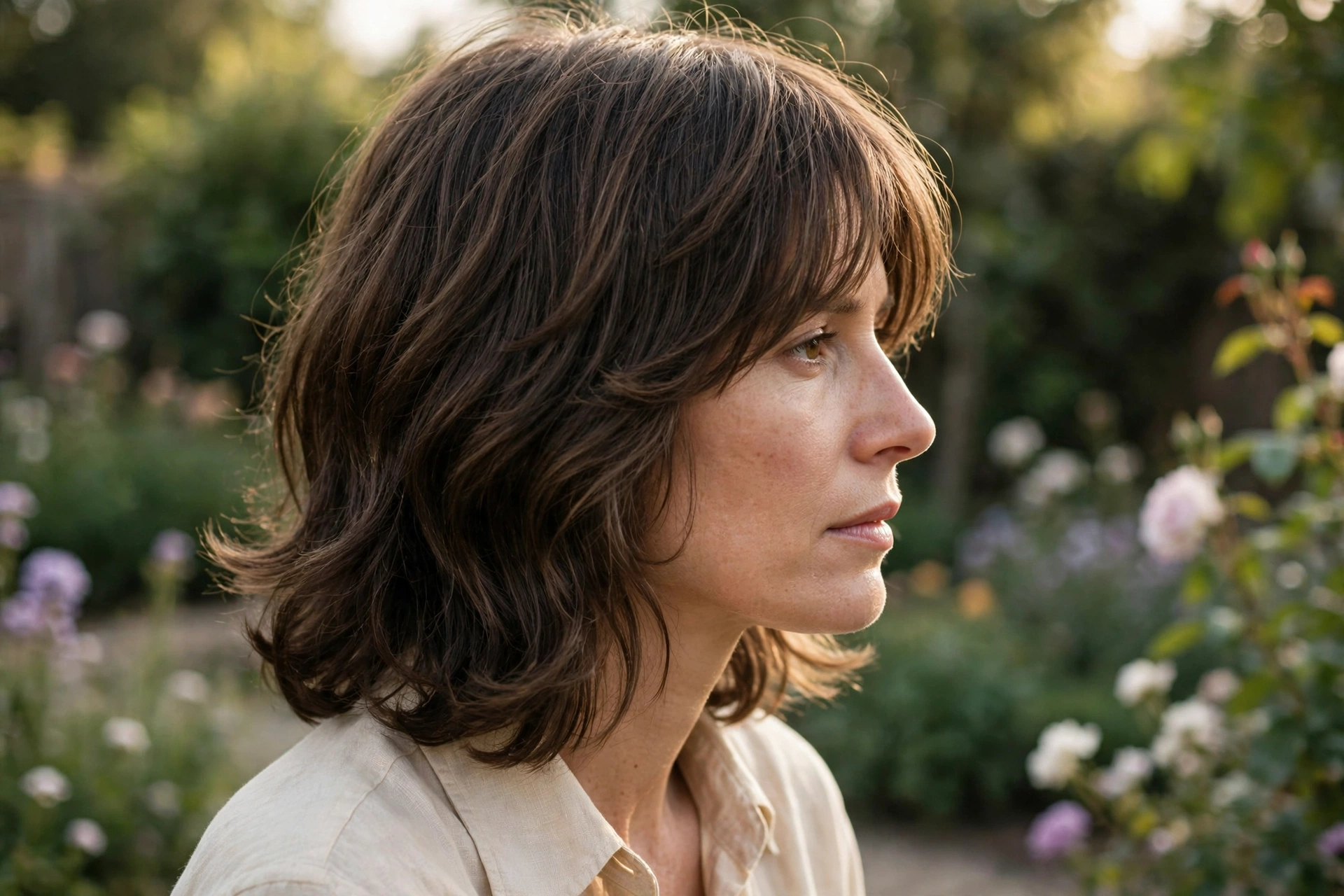 A woman with a shoulder-length 70s revival shag, photographed outdoors in soft golden daylight in a garden, with a curved outline and gently turned ends, shot from the side at eye level, in a clean bright style.