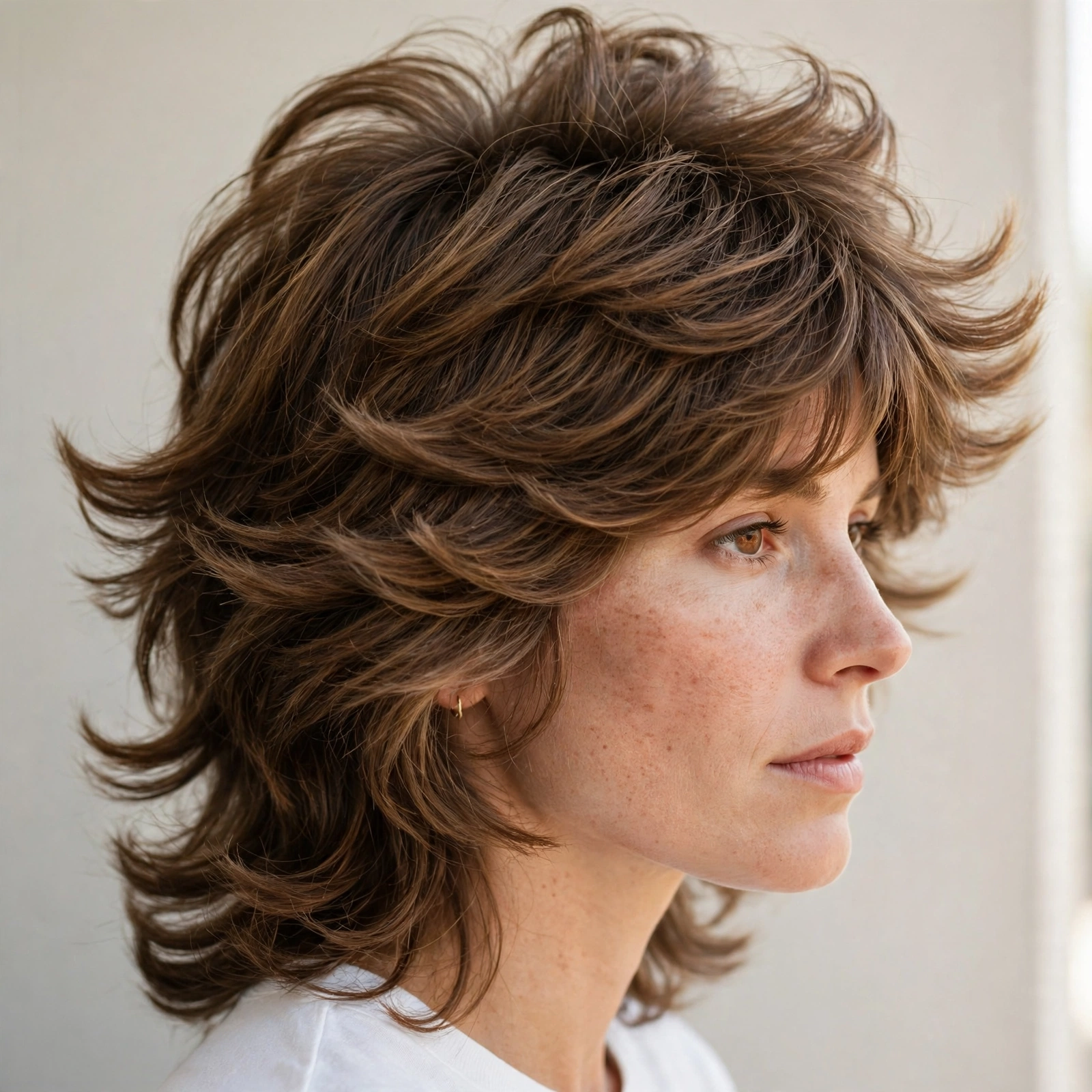 A close-up side view of a woman with a 70s revival shag with a winged fringe, showing swept fringe layers and a voluminous crown, against a light neutral background with soft daylight, in a clean bright style.