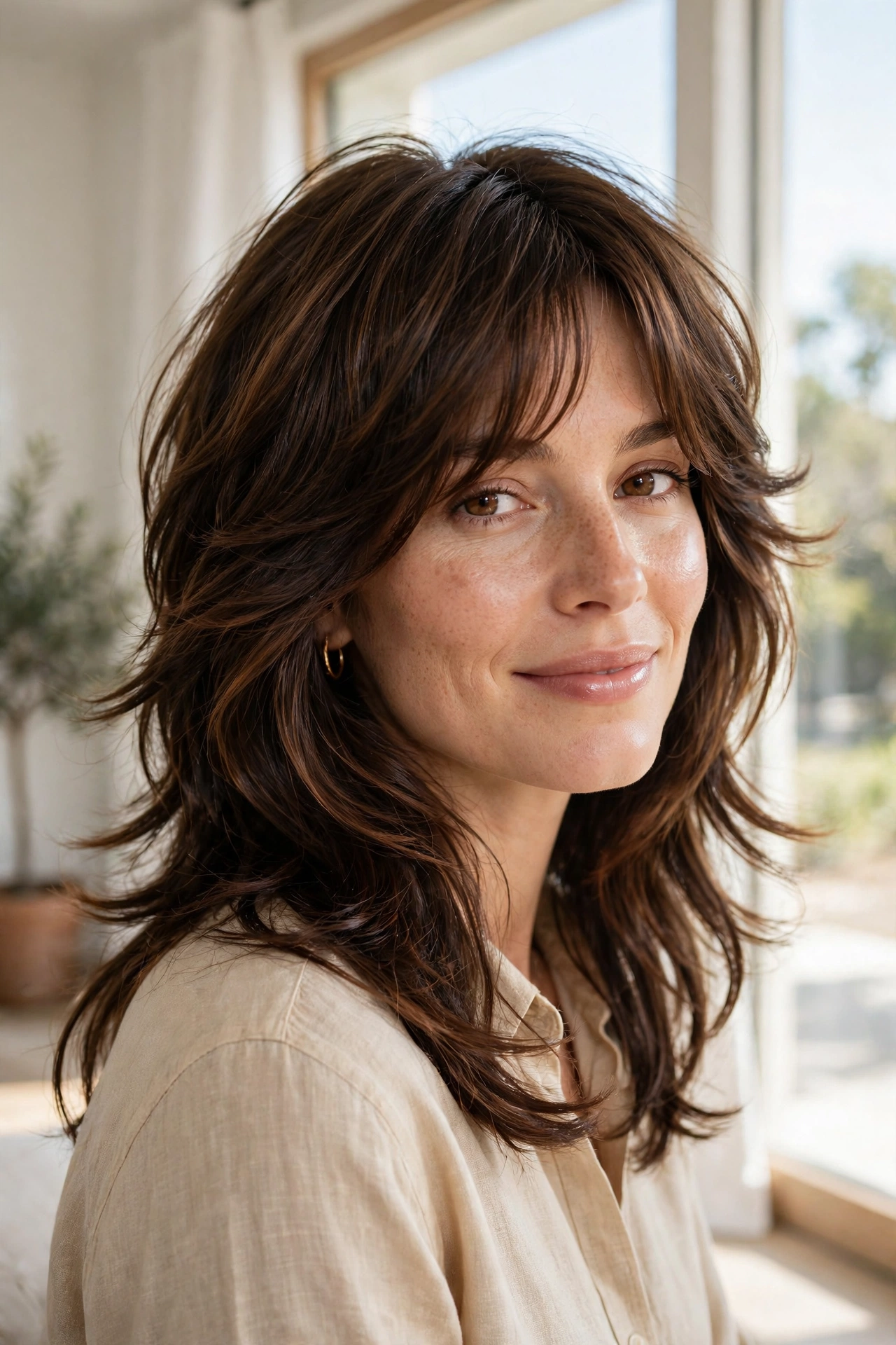 A woman with a glossy 70s revival shag smiling softly, photographed indoors near a large bright window, showing shiny flowing layers from a front three-quarter angle, in a clean bright style.