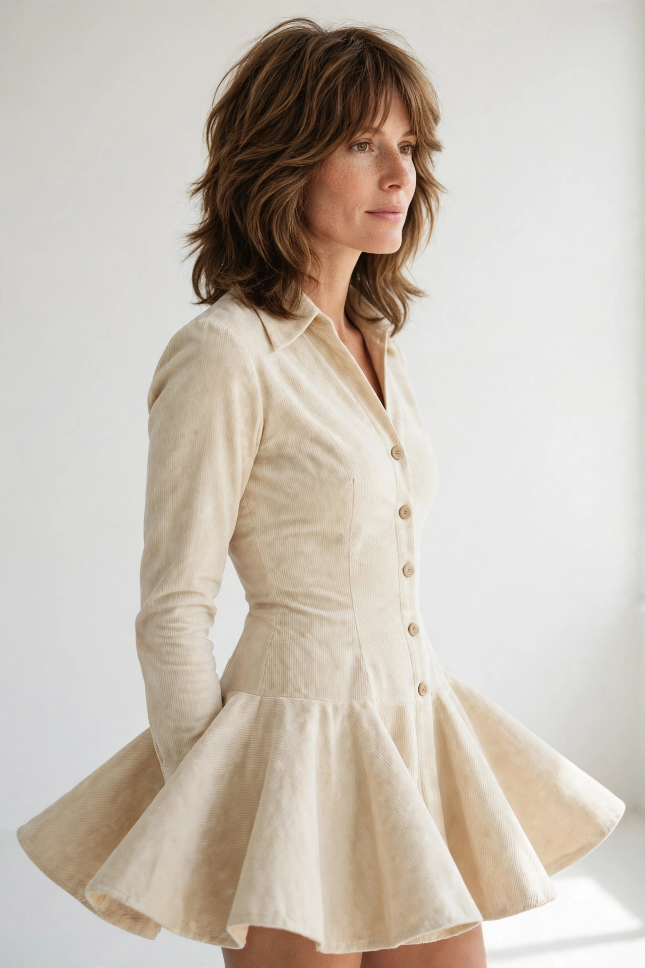 A woman with a polished 70s revival shag with a flared hemline, photographed in a bright minimal studio with soft diffused lighting, from a three-quarter angle, in a clean bright style.