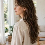 A woman with a long shag haircut with cascading side layers falling past her shoulders, standing in a bright airy room with natural window light, photographed from a three-quarter angle so the flowing layered length is clearly visible, in a clean bright style.