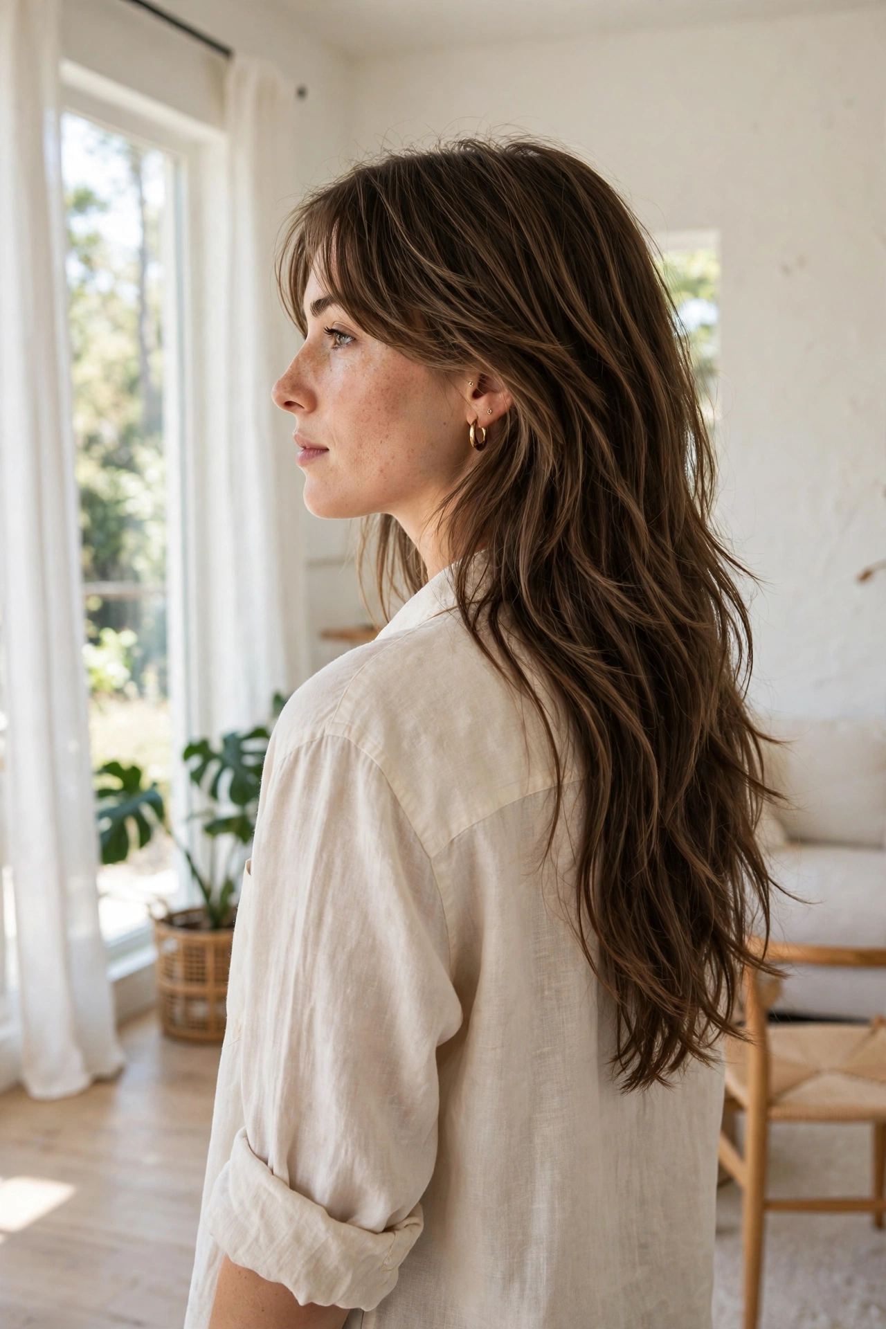 A woman with a long shag haircut with cascading side layers falling past her shoulders, standing in a bright airy room with natural window light, photographed from a three-quarter angle so the flowing layered length is clearly visible, in a clean bright style.