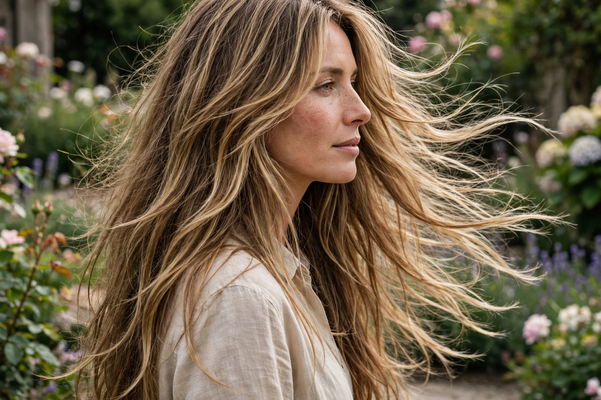 A woman with a waist-skimming long shag with flowing ends, photographed outdoors in soft daylight in a garden, with the layers moving gently in the breeze, shot from the side at eye level, in a clean bright style.