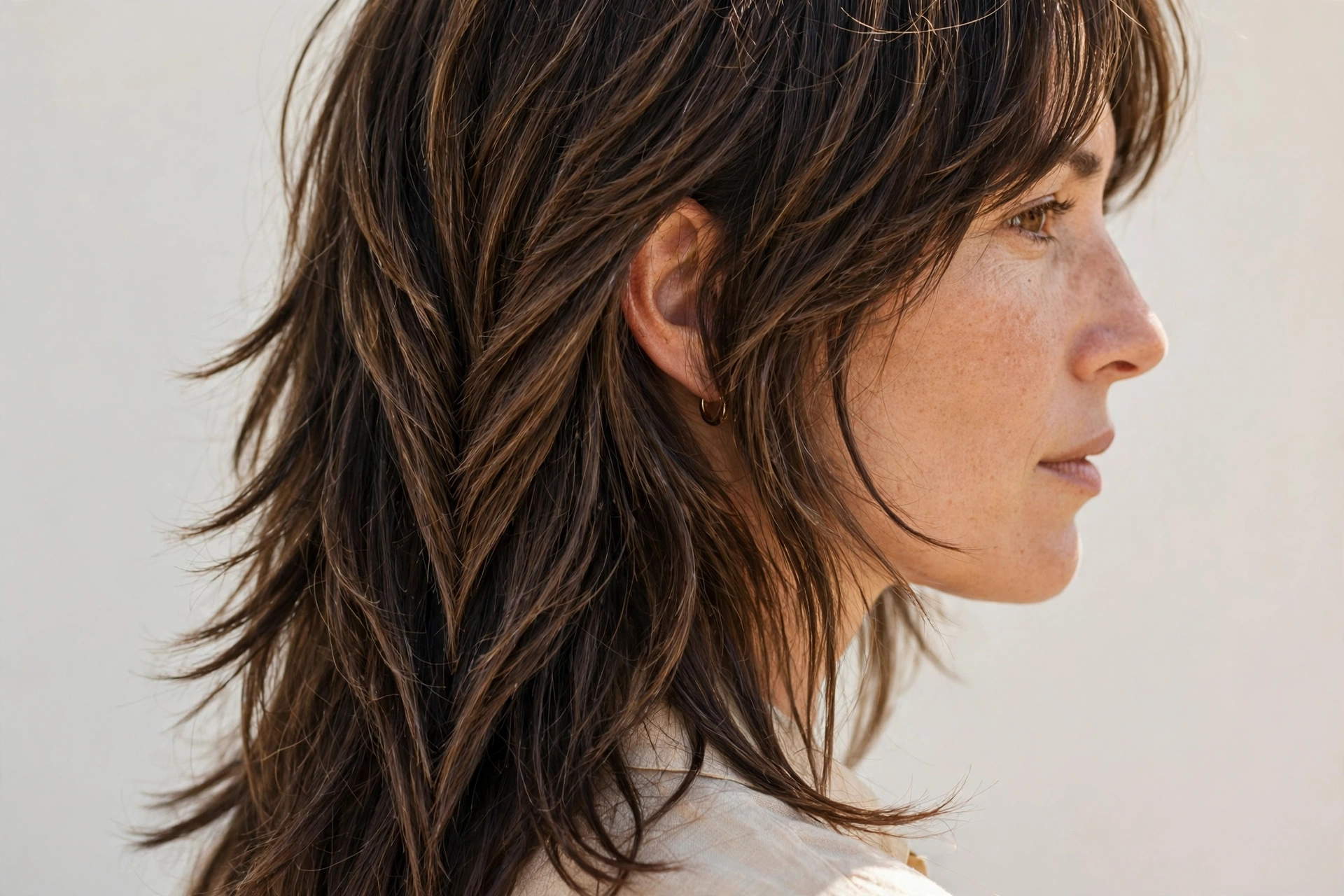 A close-up side view of a woman with a long shag with a V-shaped back outline, showing the pointed flowing silhouette and layered ends against a light neutral background with soft daylight, in a clean bright style.
