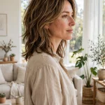 A woman with a shoulder-grazing medium shag haircut with blended step layers, standing in a bright living room with natural window light, photographed from a three-quarter angle so the balanced layered texture is clearly visible, in a clean bright style.
