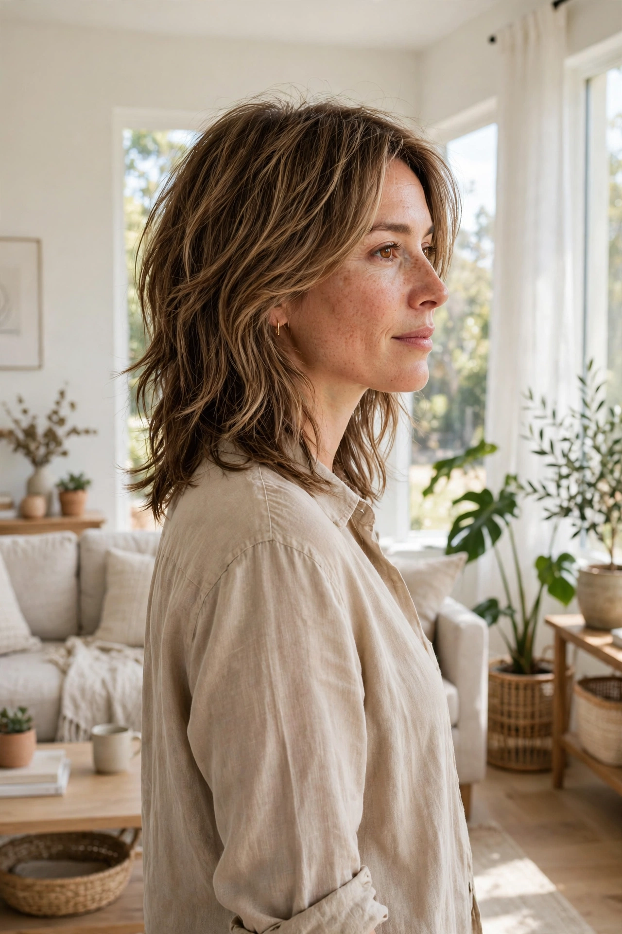 A woman with a shoulder-grazing medium shag haircut with blended step layers, standing in a bright living room with natural window light, photographed from a three-quarter angle so the balanced layered texture is clearly visible, in a clean bright style.