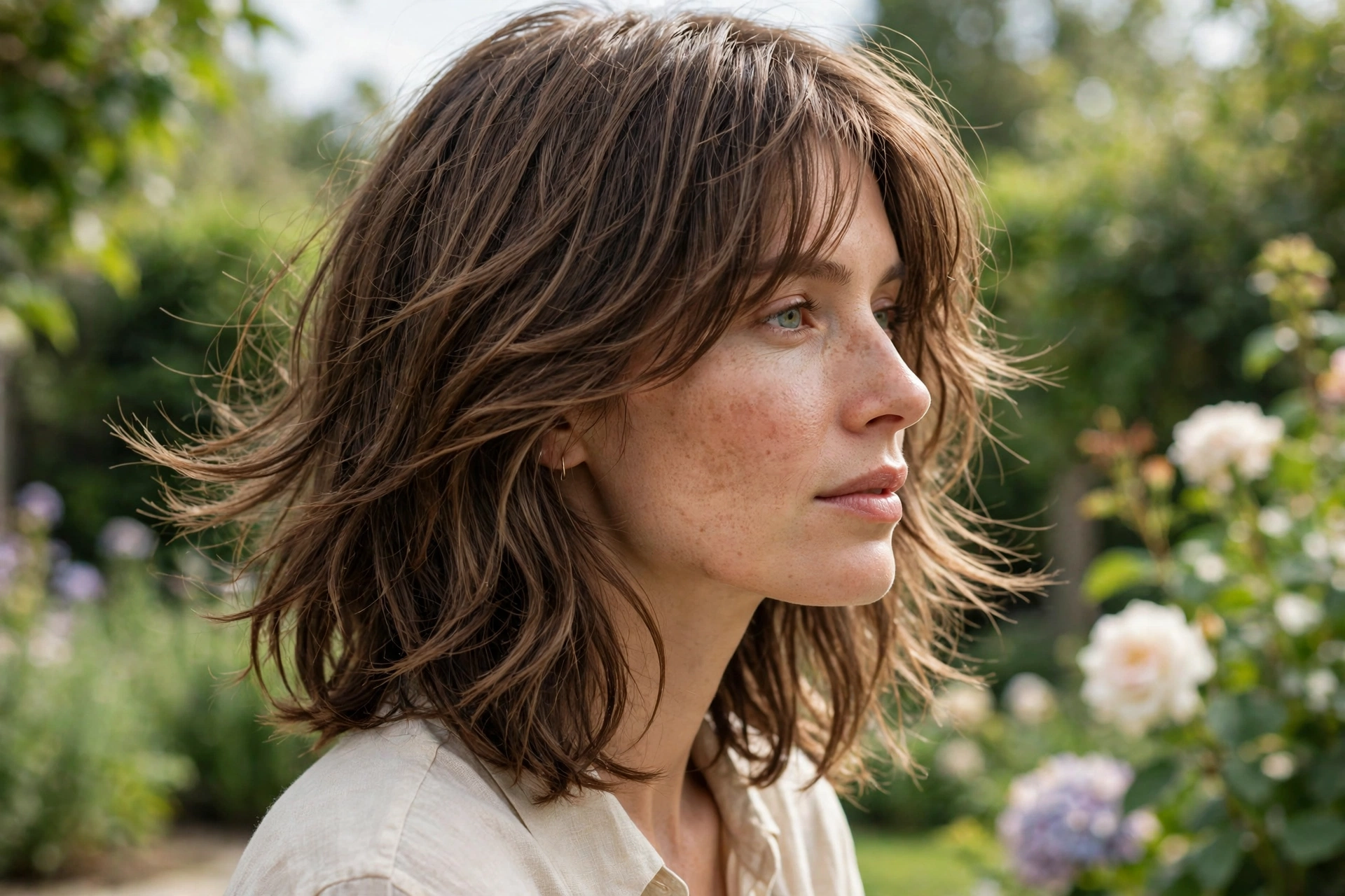 A woman with a medium shag with collarbone-skimming ends, photographed outdoors in soft daylight in a garden, with swinging side layers and a rounded outline, shot from the side at eye level, in a clean bright style.