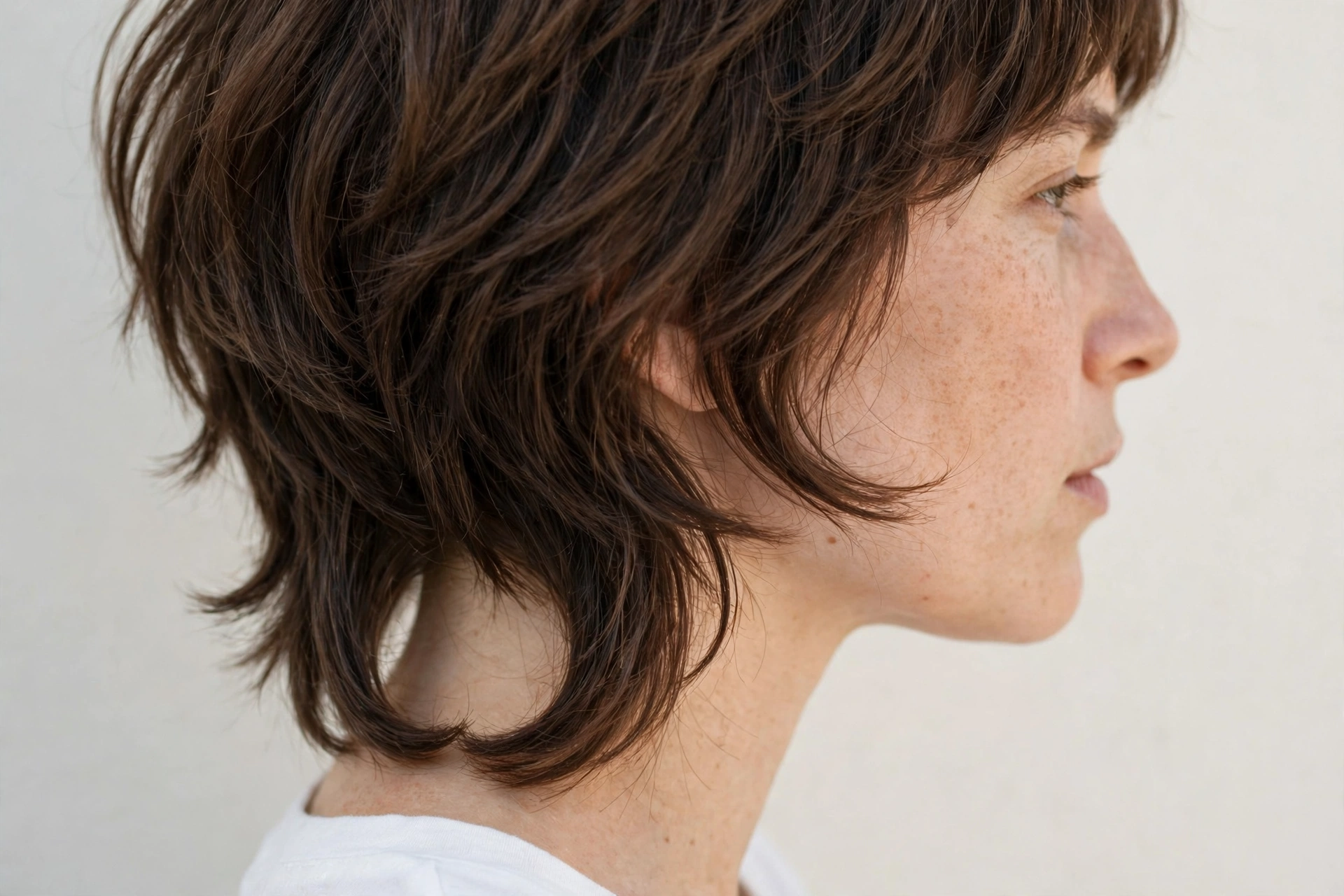 A close-up side view of a woman with a medium shag with a U-shaped outline, showing the curved back silhouette and layered ends against a light neutral background with soft daylight, in a clean bright style.