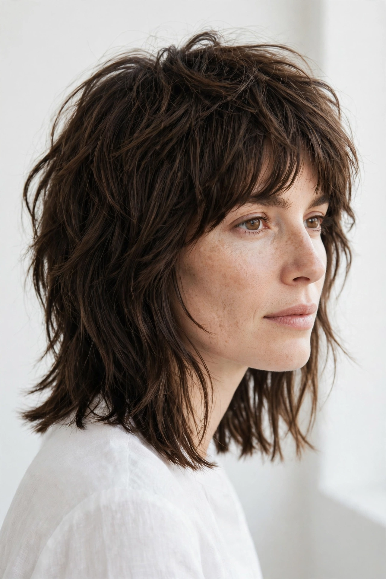 A woman with a medium shag with a blunt collarbone baseline and textured upper layers, photographed in a bright minimal studio with soft diffused lighting, from a three-quarter angle, in a clean bright style.
